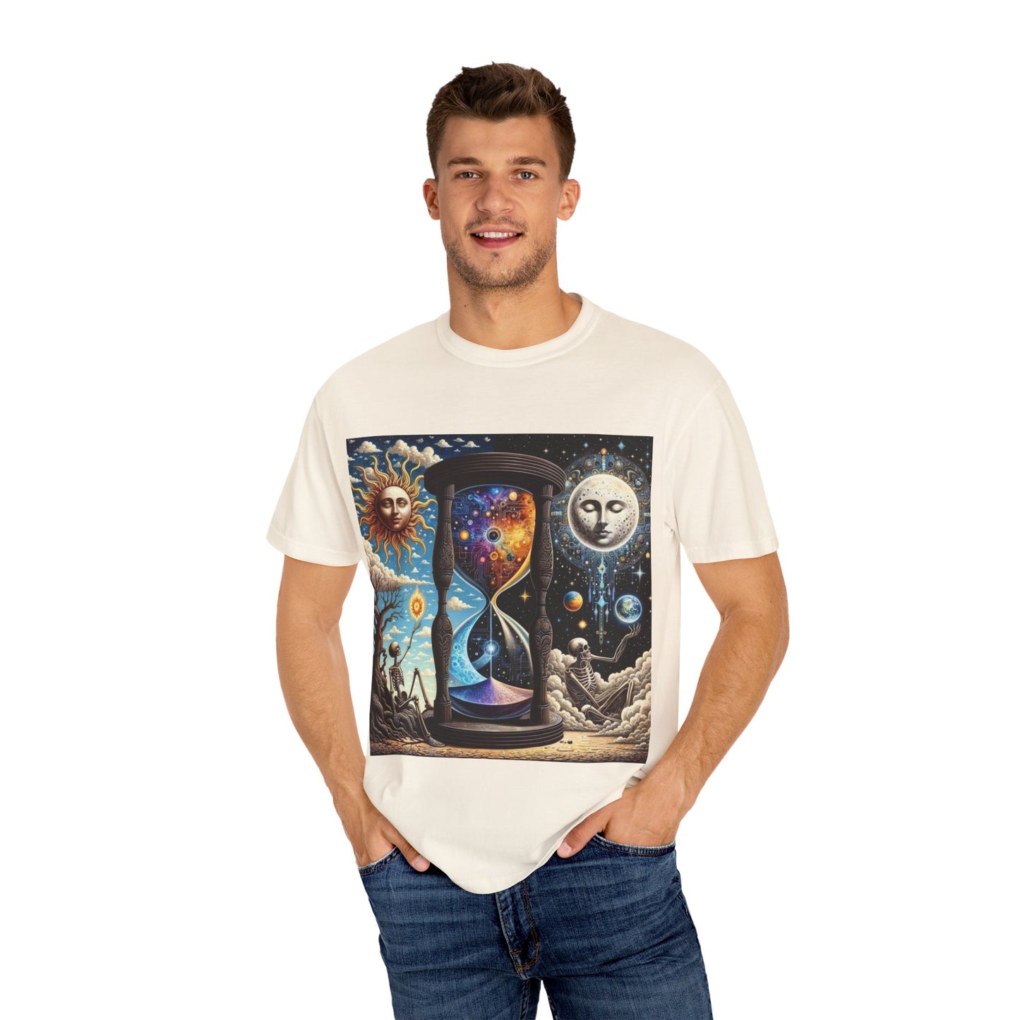 Cosmic Hourglass T-shirt, Vintage Graphic Tee, Perfect Gift for Astronomy Lovers, Unisex Casual Wear, Spiritual Vibe, Universal Design