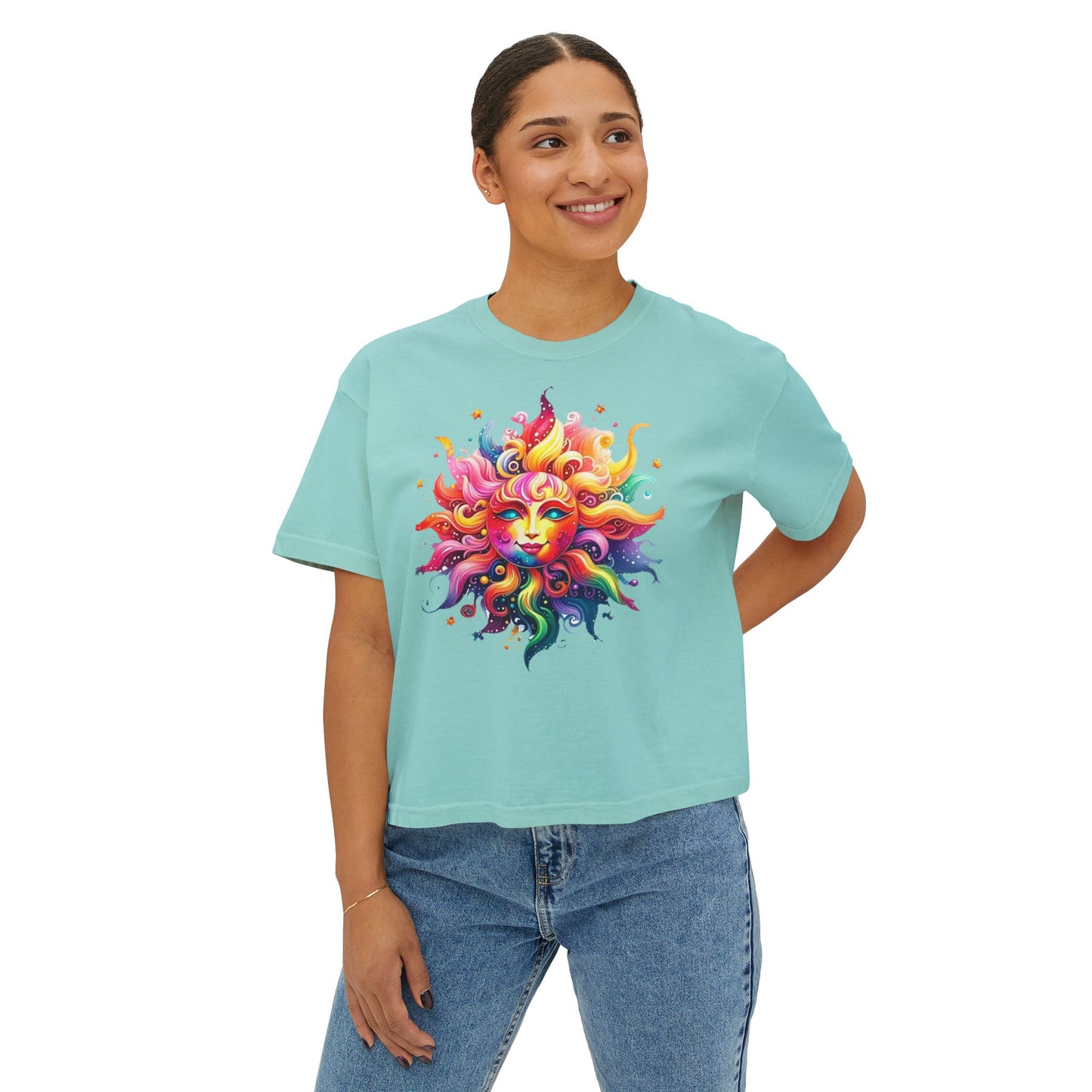 Vibrant Sun Graphic Women's Boxy Tee, Boho T-Shirt, Summer Apparel, Festival Wear, Gifts for Her
