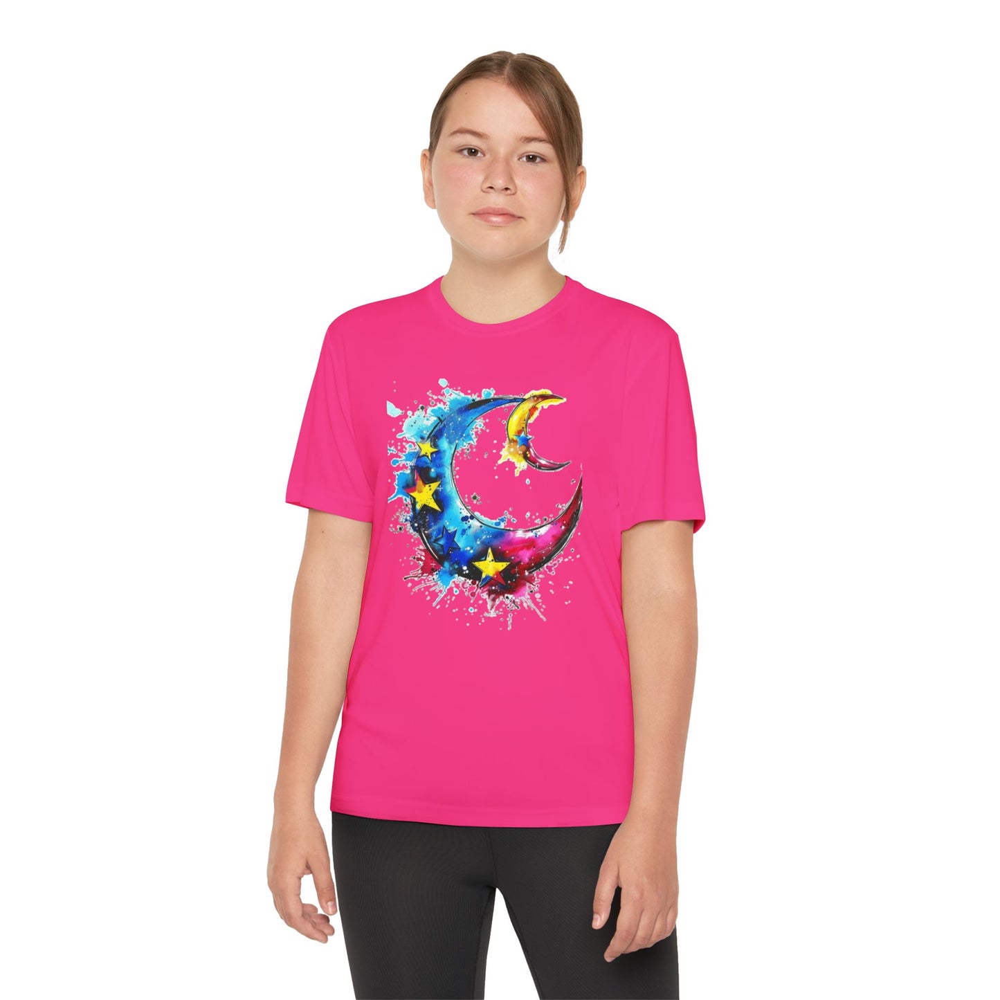 Youth Watercolor Moon Tee - Vibrant Starry Design, Perfect for Kids, Birthday Gift, Summer Wear, Festival Attire, Cosmic Theme