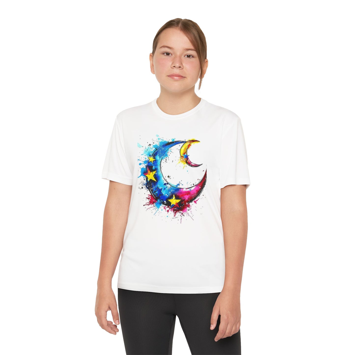 Youth Watercolor Moon Tee - Vibrant Starry Design, Perfect for Kids, Birthday Gift, Summer Wear, Festival Attire, Cosmic Theme