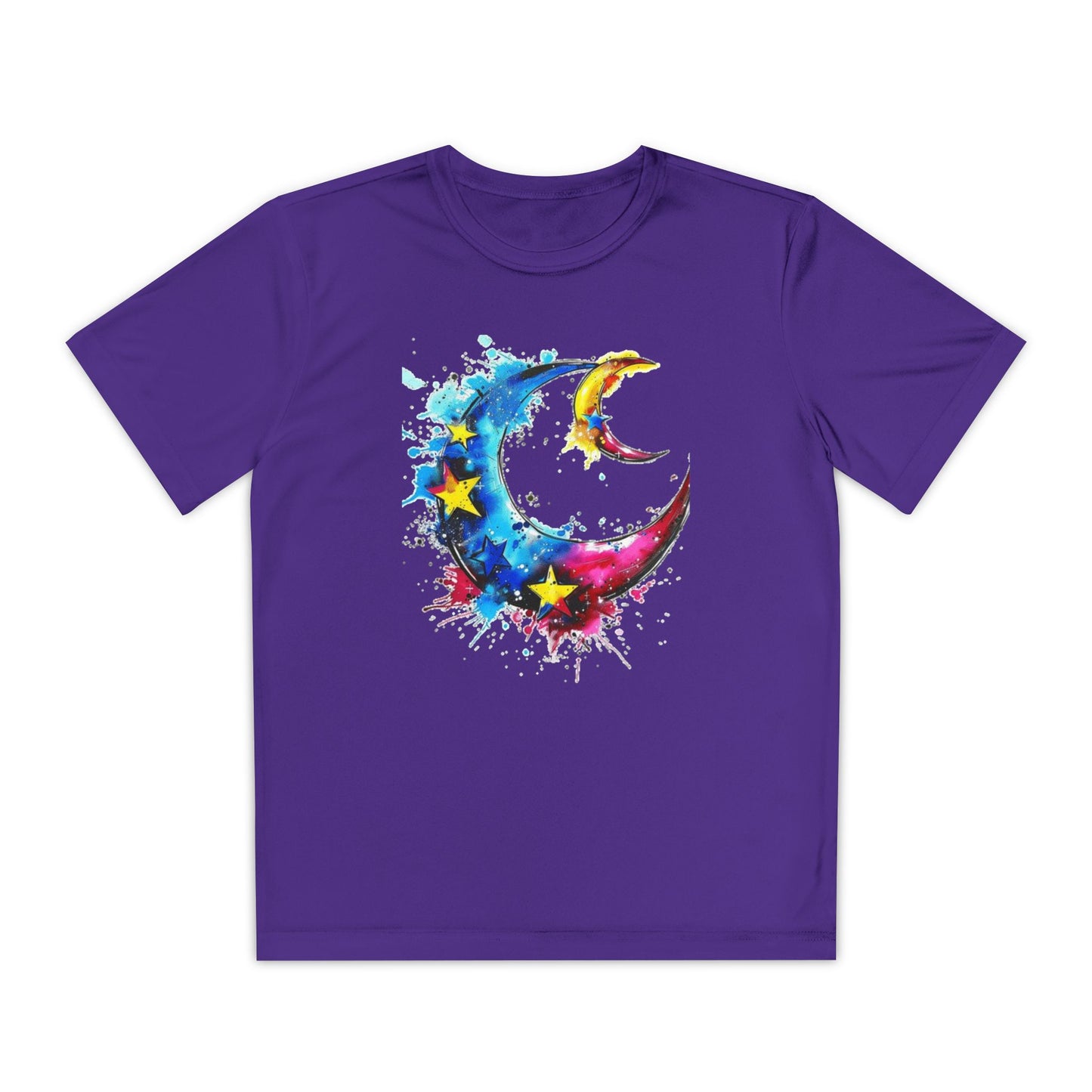 Youth Watercolor Moon Tee - Vibrant Starry Design, Perfect for Kids, Birthday Gift, Summer Wear, Festival Attire, Cosmic Theme