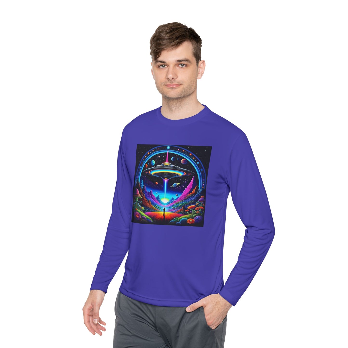 Cosmic Adventure Long Sleeve Tee | Unisex Lightweight Tee, UFO Graphic Shirt, Perfect for Festivals, Gifts, and Everyday Wear