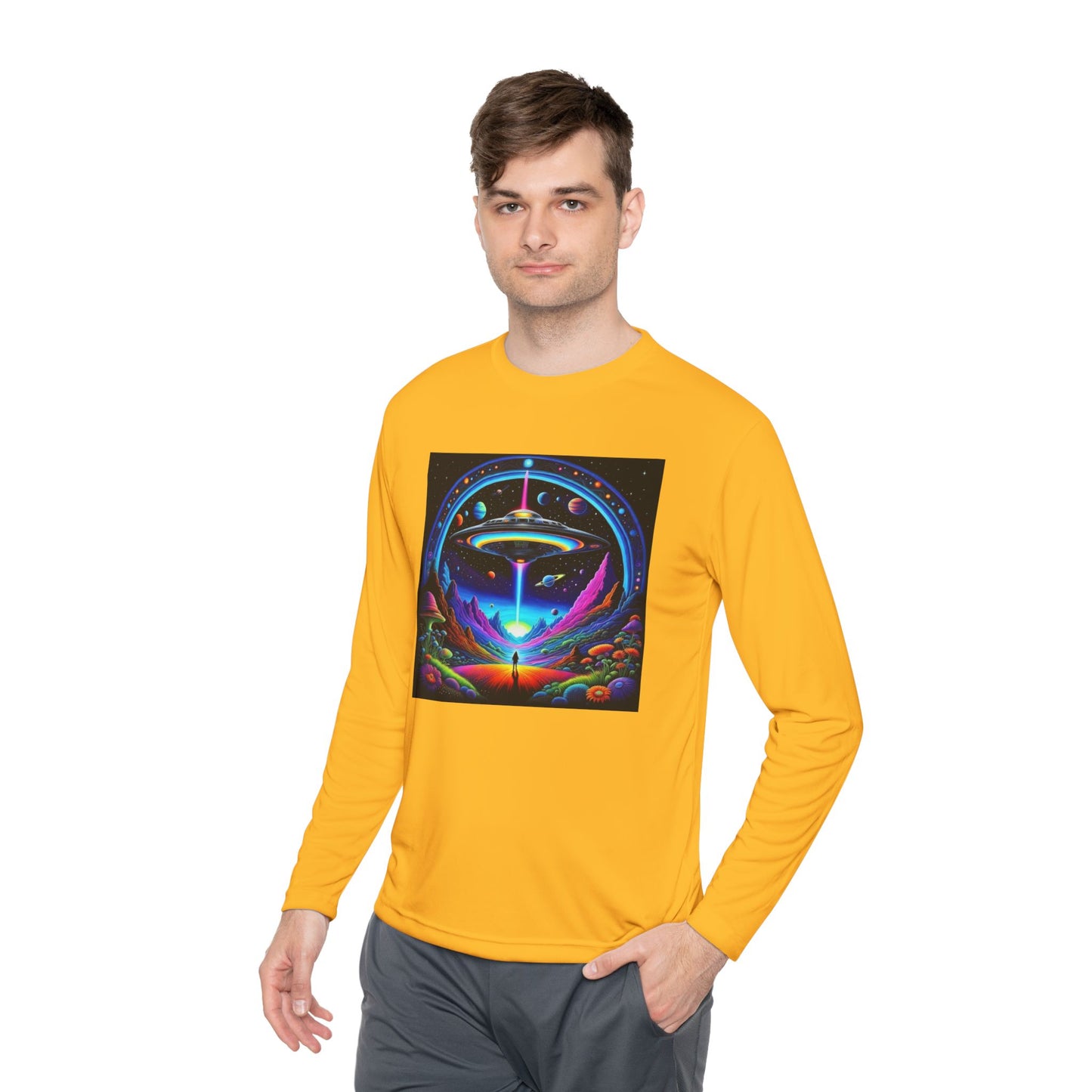 Cosmic Adventure Long Sleeve Tee | Unisex Lightweight Tee, UFO Graphic Shirt, Perfect for Festivals, Gifts, and Everyday Wear