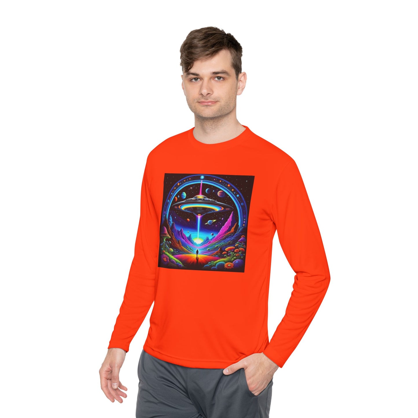 Cosmic Adventure Long Sleeve Tee | Unisex Lightweight Tee, UFO Graphic Shirt, Perfect for Festivals, Gifts, and Everyday Wear