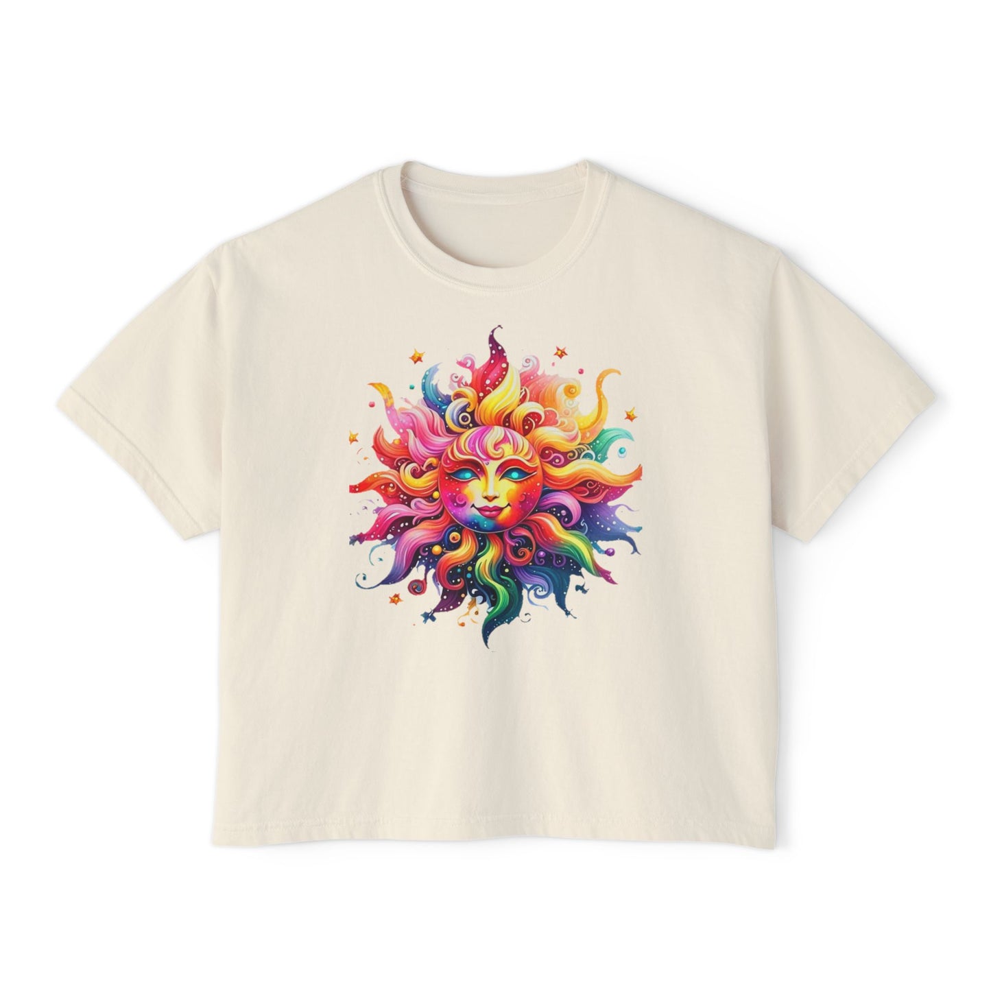 Vibrant Sun Graphic Women's Boxy Tee, Boho T-Shirt, Summer Apparel, Festival Wear, Gifts for Her