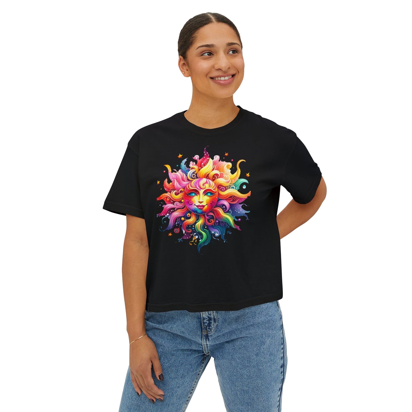 Vibrant Sun Graphic Women's Boxy Tee, Boho T-Shirt, Summer Apparel, Festival Wear, Gifts for Her