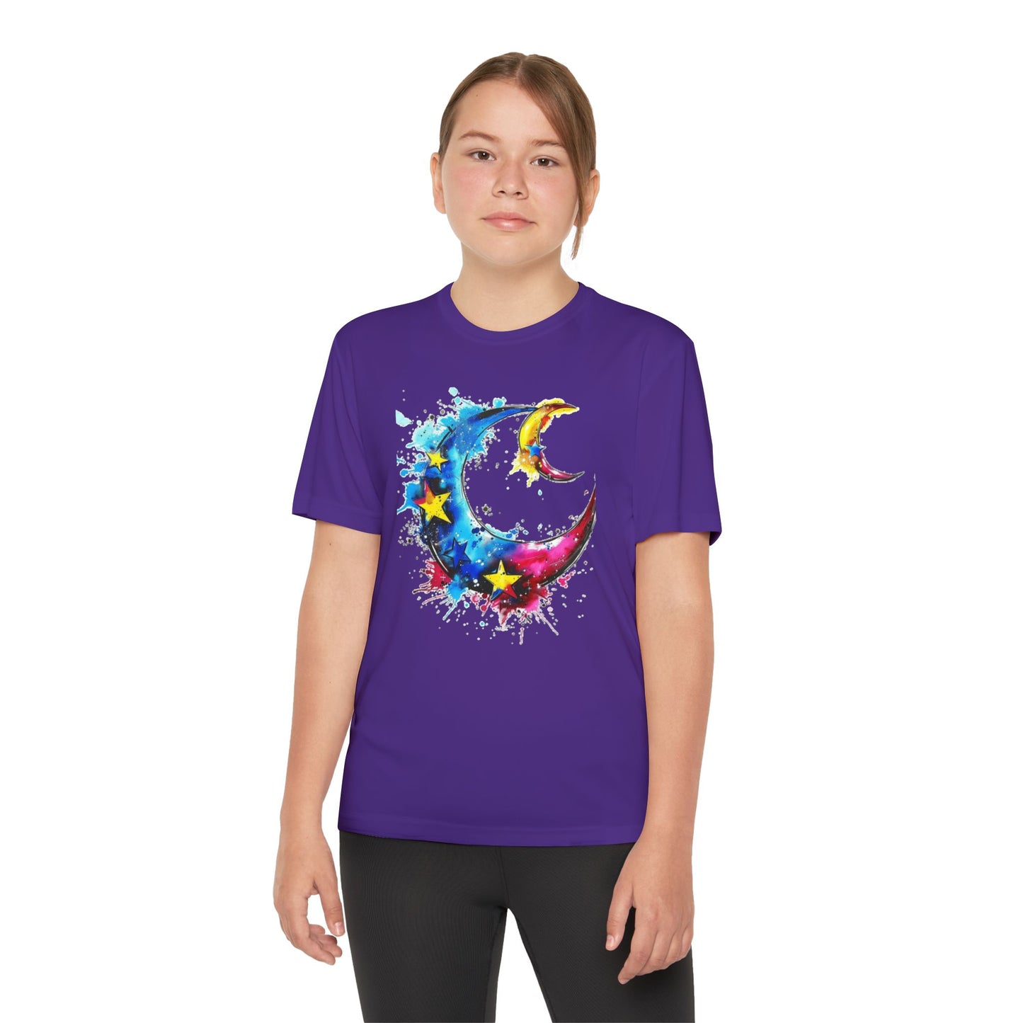 Youth Watercolor Moon Tee - Vibrant Starry Design, Perfect for Kids, Birthday Gift, Summer Wear, Festival Attire, Cosmic Theme