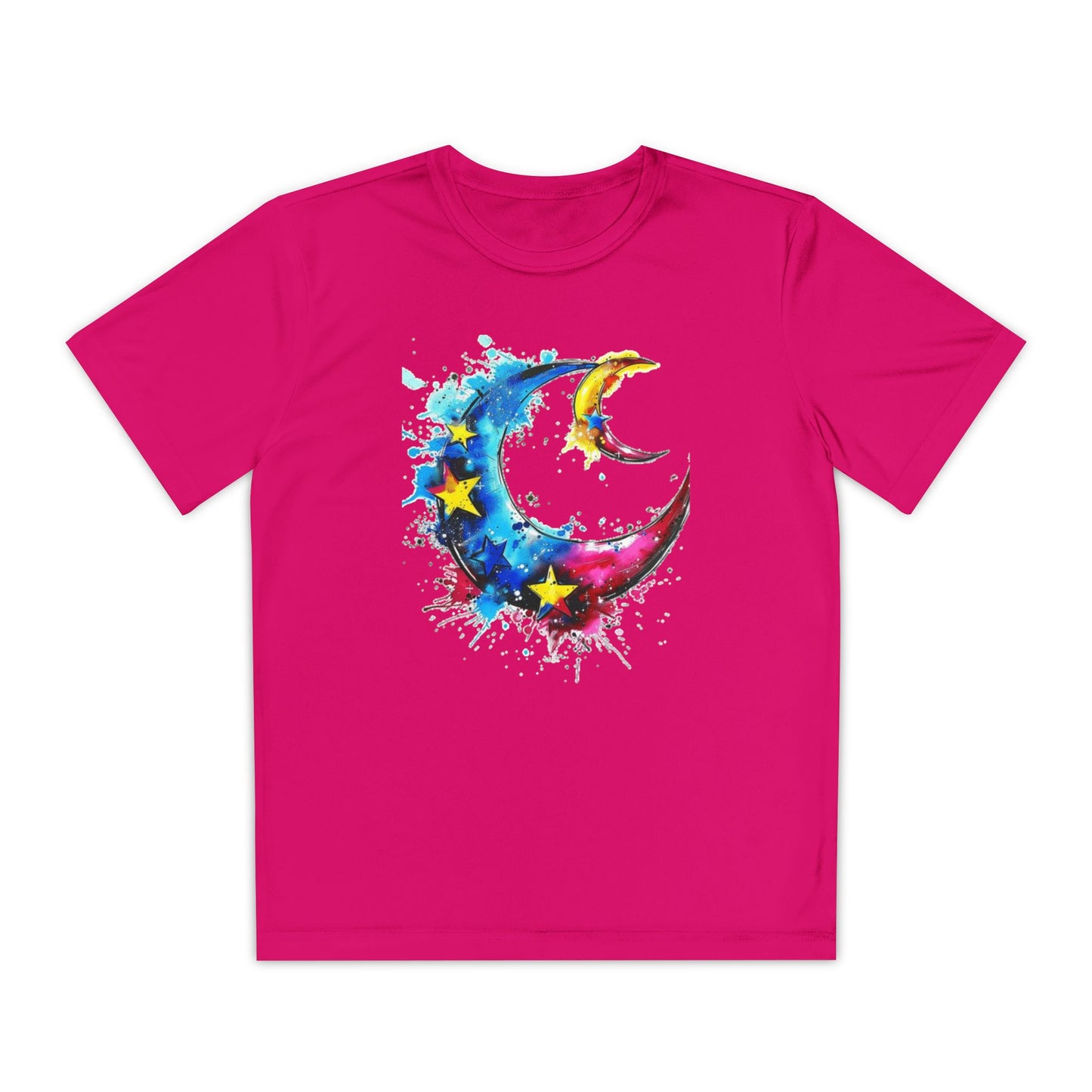 Youth Watercolor Moon Tee - Vibrant Starry Design, Perfect for Kids, Birthday Gift, Summer Wear, Festival Attire, Cosmic Theme