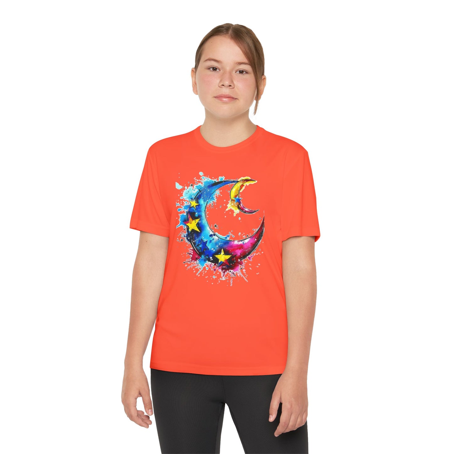 Youth Watercolor Moon Tee - Vibrant Starry Design, Perfect for Kids, Birthday Gift, Summer Wear, Festival Attire, Cosmic Theme
