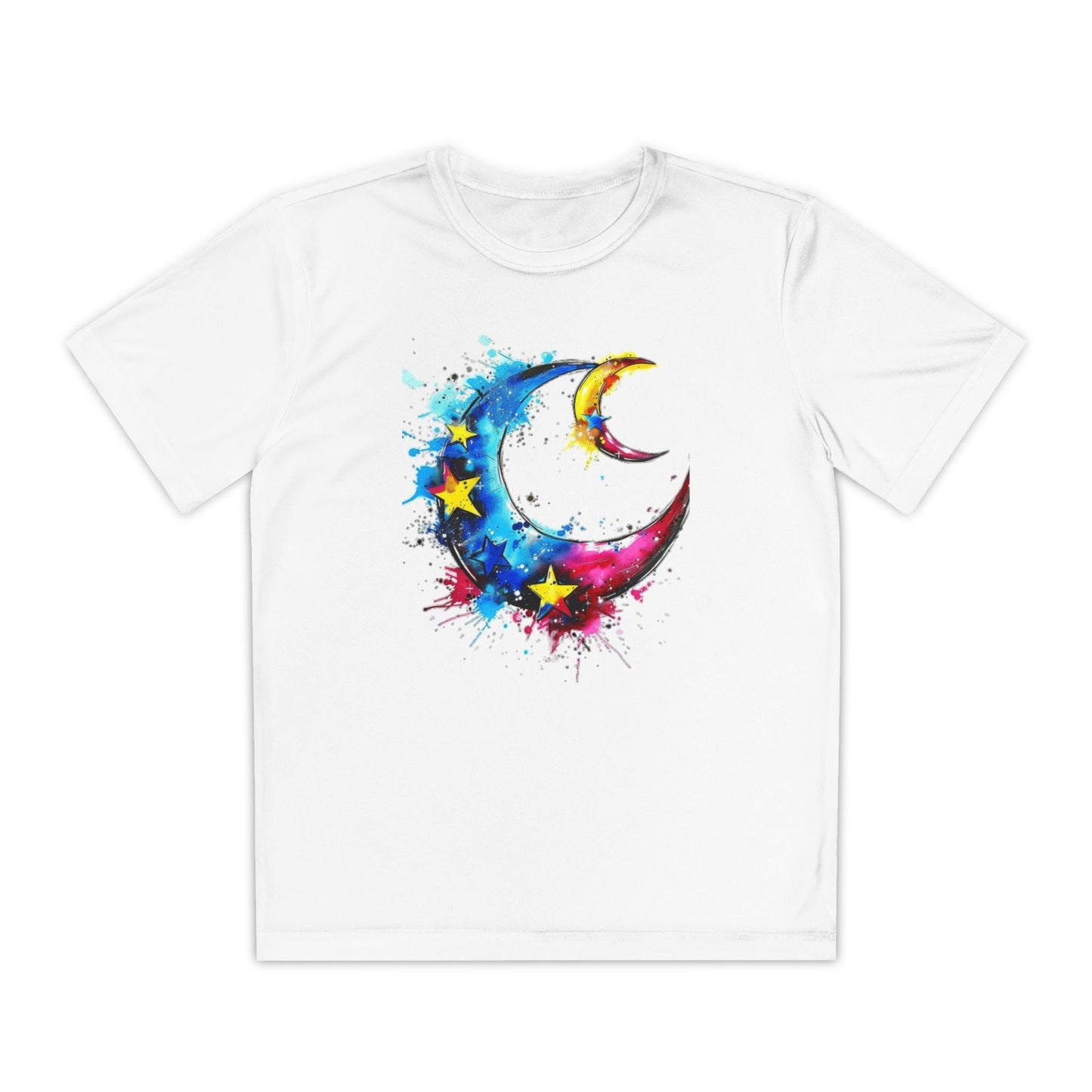 Youth Watercolor Moon Tee - Vibrant Starry Design, Perfect for Kids, Birthday Gift, Summer Wear, Festival Attire, Cosmic Theme