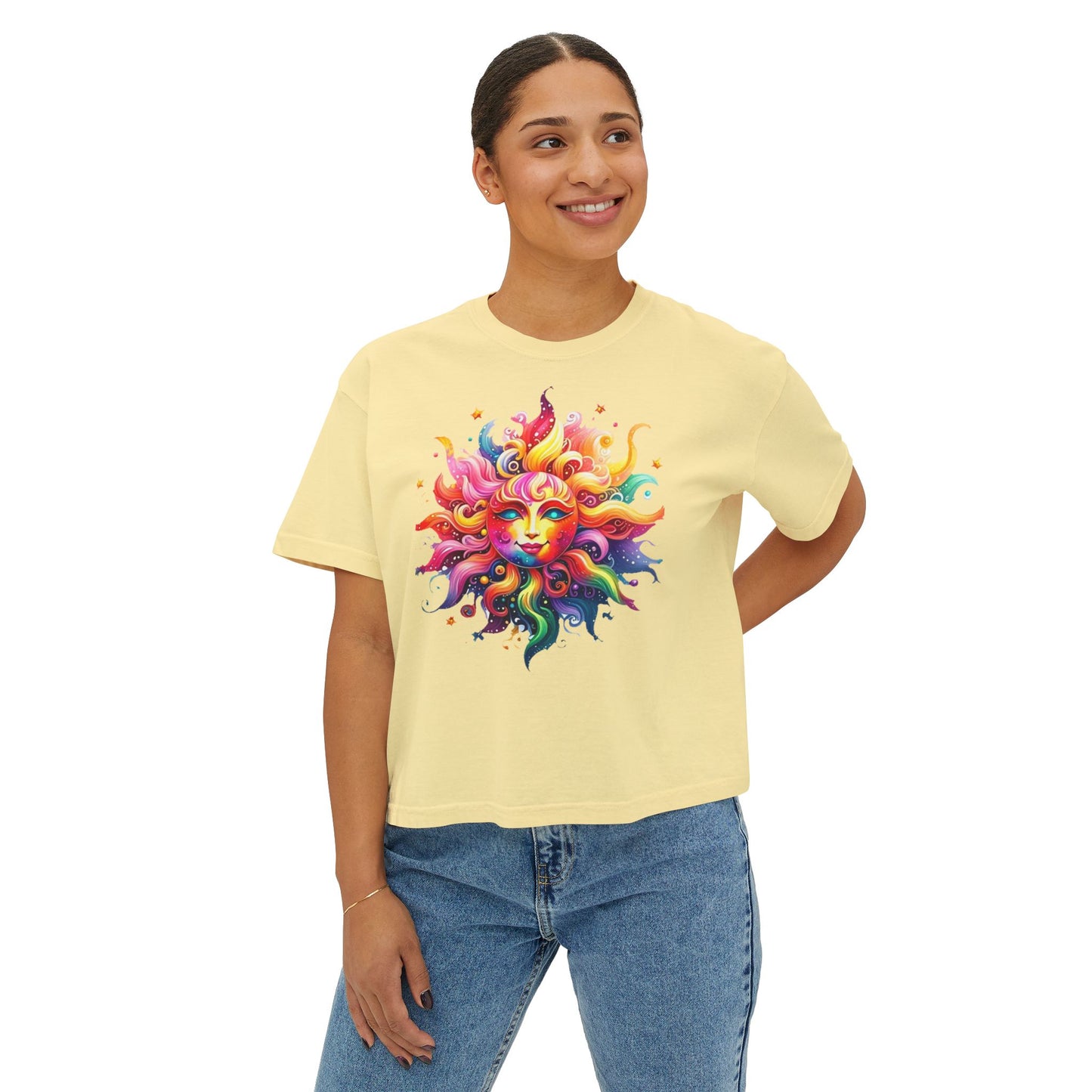 Vibrant Sun Graphic Women's Boxy Tee, Boho T-Shirt, Summer Apparel, Festival Wear, Gifts for Her