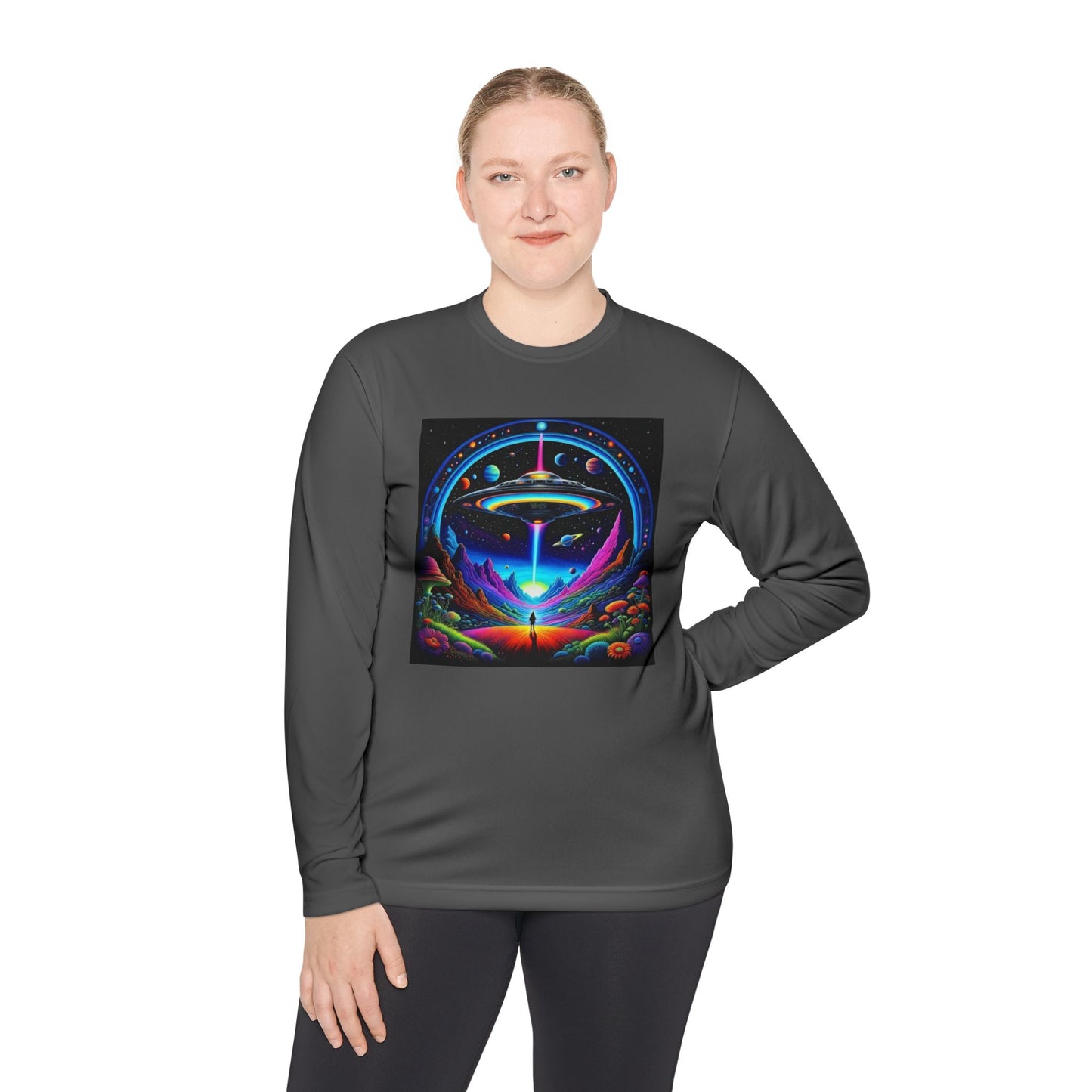 Cosmic Adventure Long Sleeve Tee | Unisex Lightweight Tee, UFO Graphic Shirt, Perfect for Festivals, Gifts, and Everyday Wear