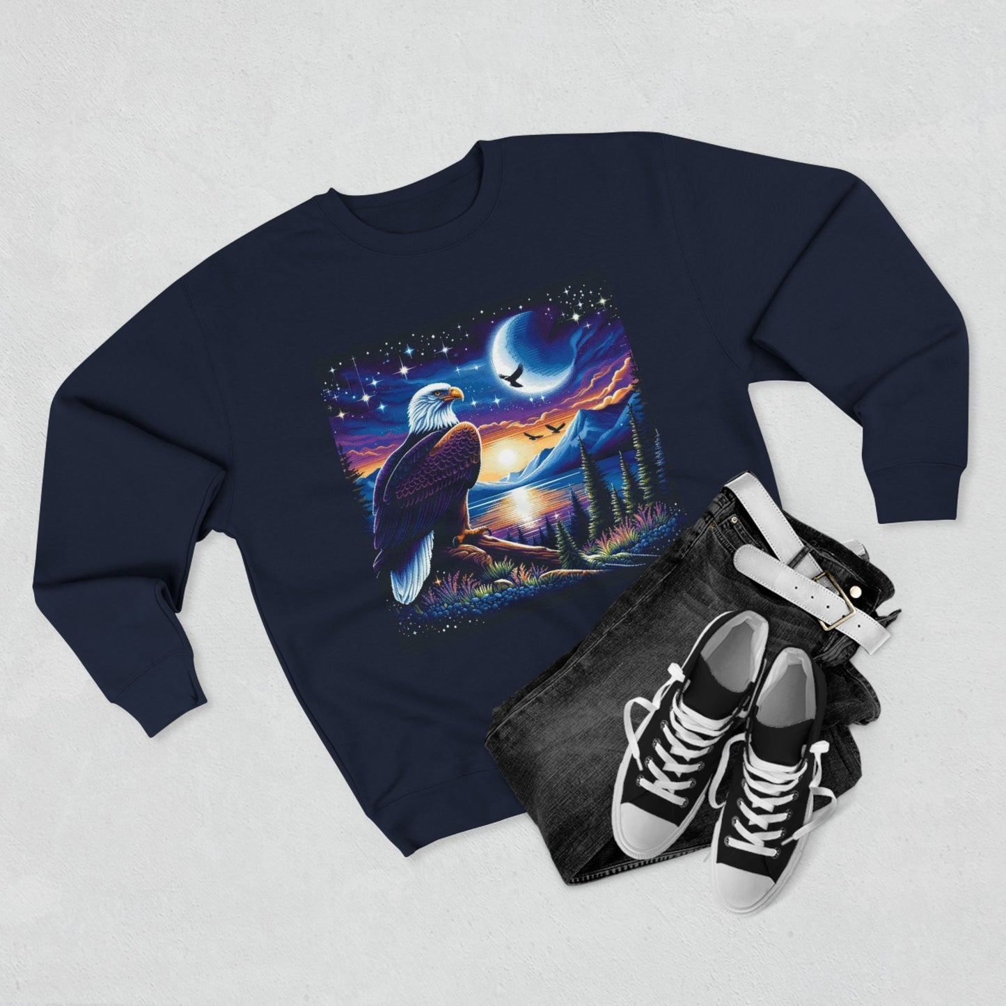 Nature-Inspired Unisex Crewneck Sweatshirt with Eagle & Moon Design, Cozy Sweatshirt for Nature Lovers, Perfect Gift for Birthdays, Outdoor