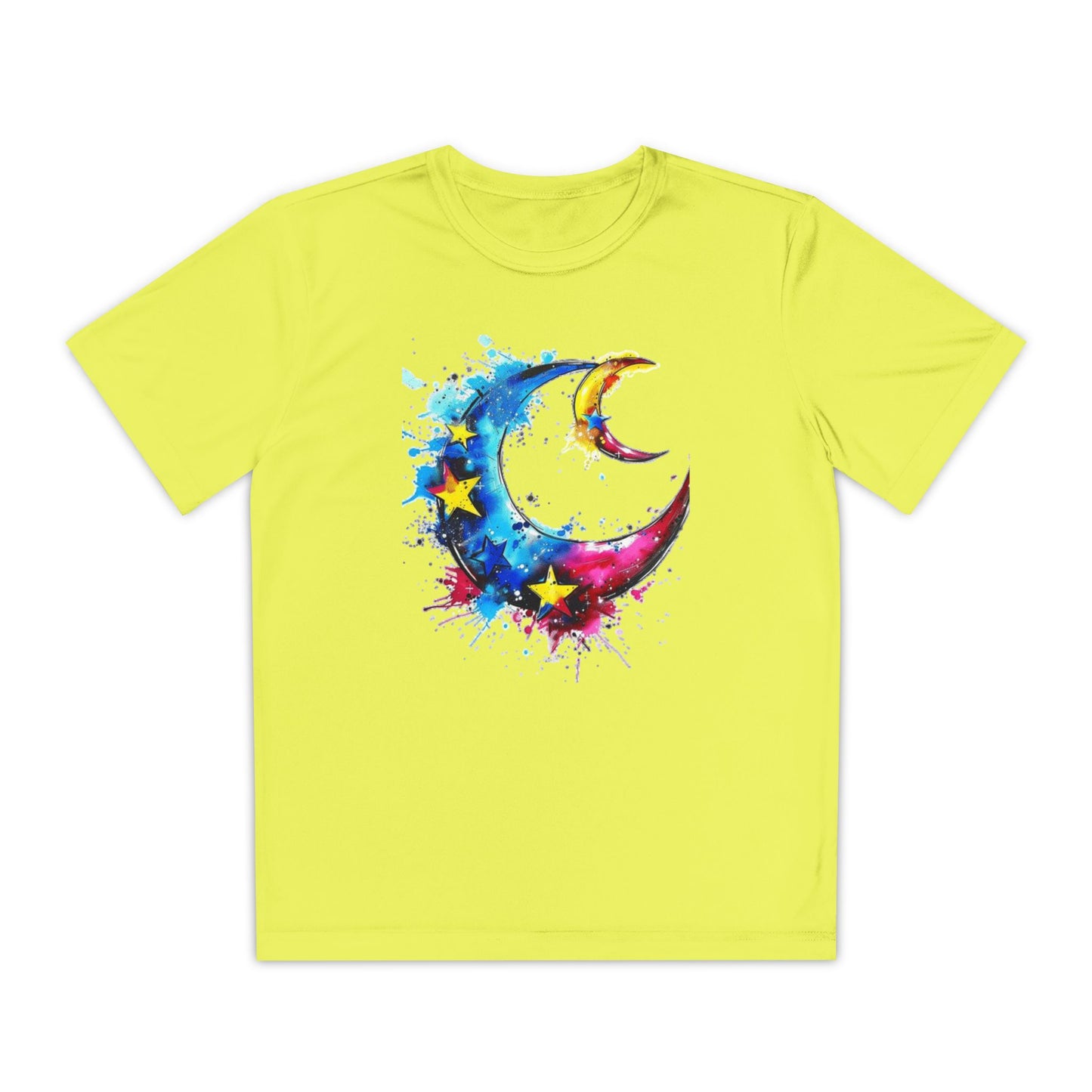 Youth Watercolor Moon Tee - Vibrant Starry Design, Perfect for Kids, Birthday Gift, Summer Wear, Festival Attire, Cosmic Theme