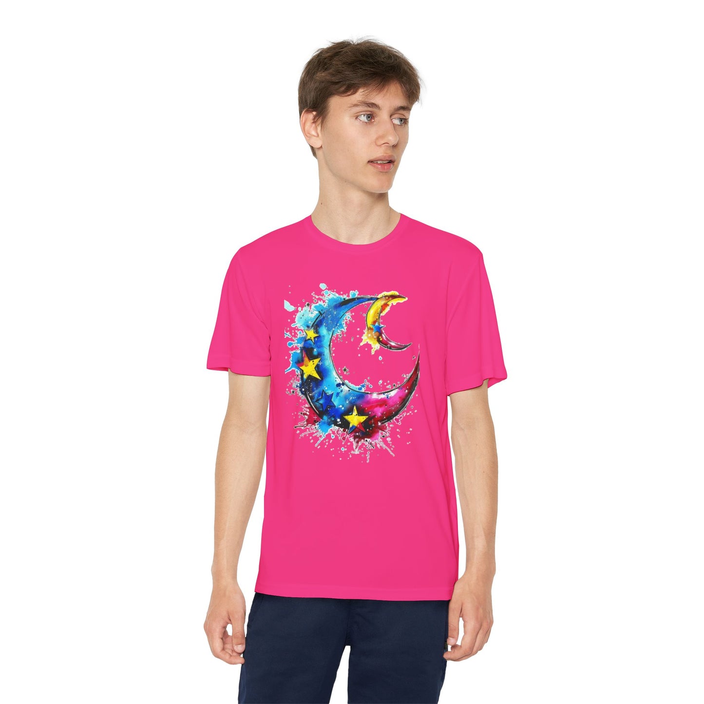 Youth Watercolor Moon Tee - Vibrant Starry Design, Perfect for Kids, Birthday Gift, Summer Wear, Festival Attire, Cosmic Theme