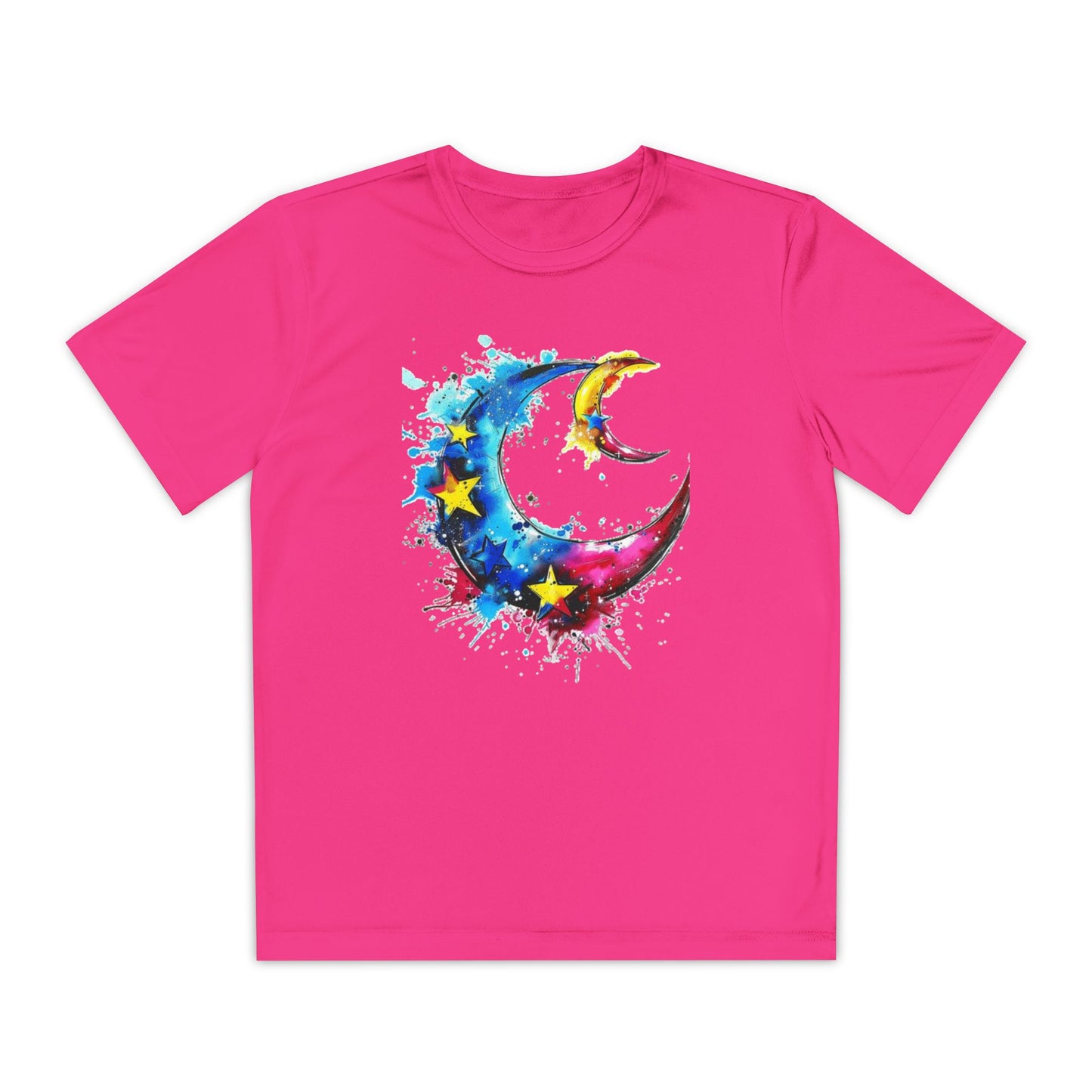 Youth Watercolor Moon Tee - Vibrant Starry Design, Perfect for Kids, Birthday Gift, Summer Wear, Festival Attire, Cosmic Theme