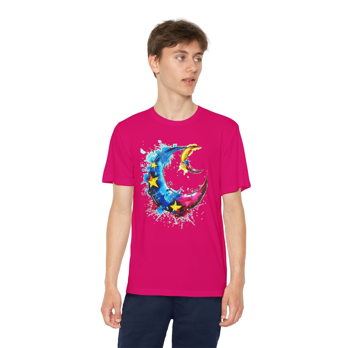 Youth Watercolor Moon Tee - Vibrant Starry Design, Perfect for Kids, Birthday Gift, Summer Wear, Festival Attire, Cosmic Theme