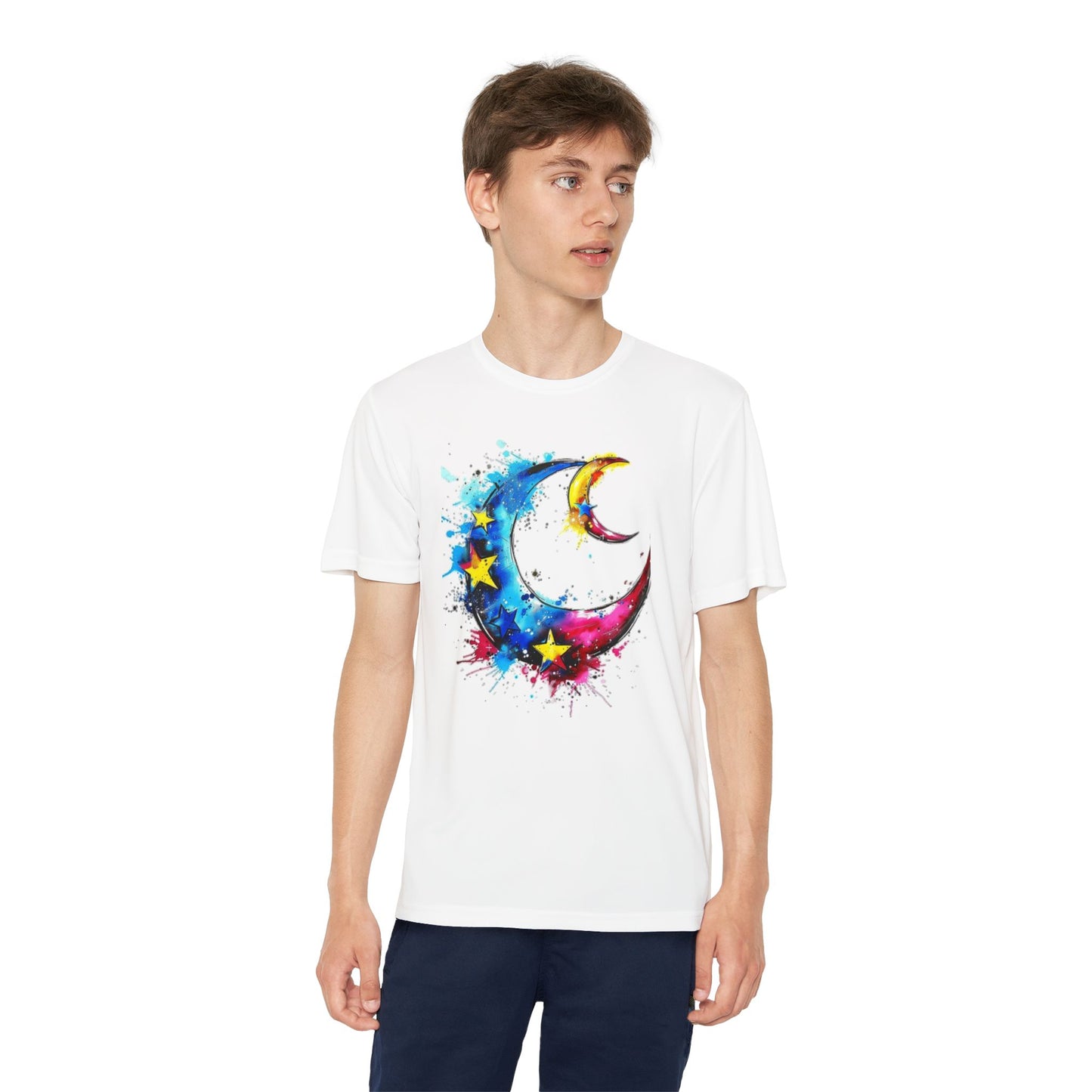 Youth Watercolor Moon Tee - Vibrant Starry Design, Perfect for Kids, Birthday Gift, Summer Wear, Festival Attire, Cosmic Theme