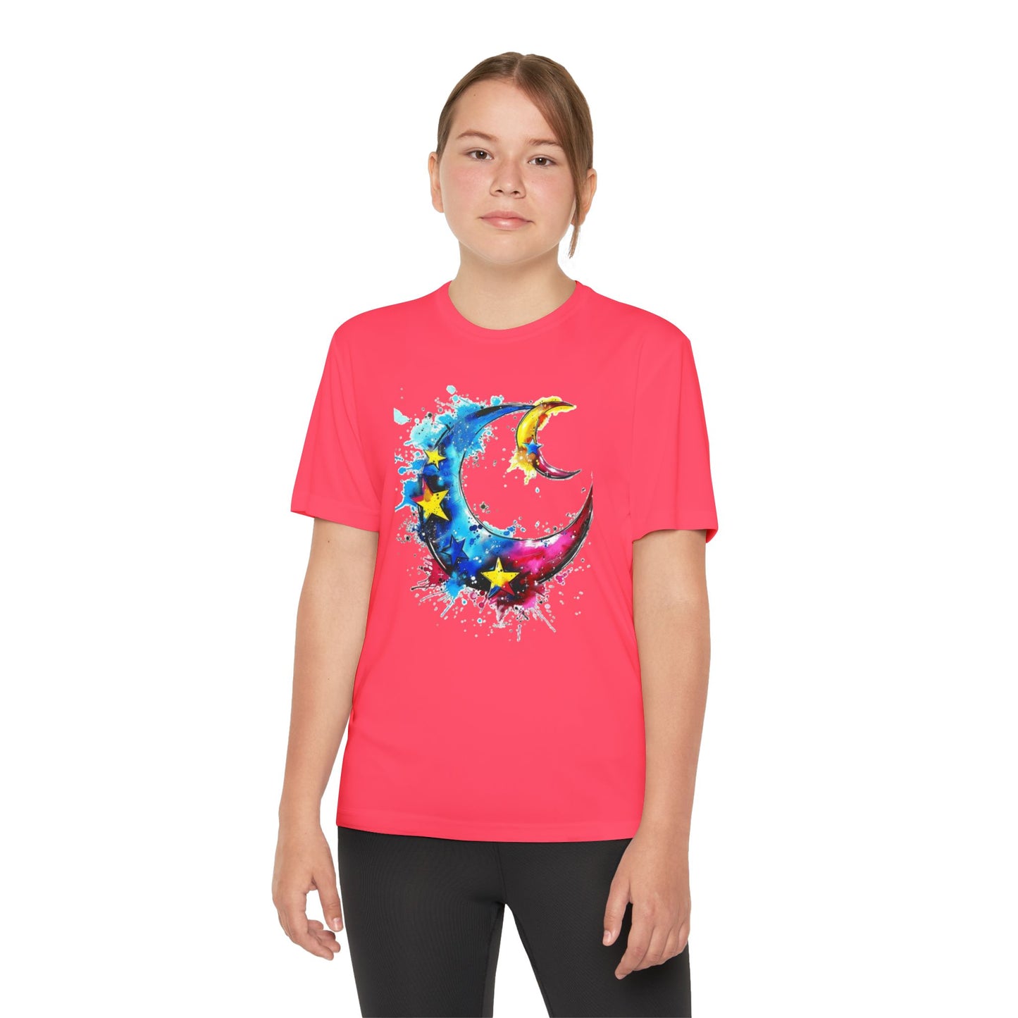 Youth Watercolor Moon Tee - Vibrant Starry Design, Perfect for Kids, Birthday Gift, Summer Wear, Festival Attire, Cosmic Theme