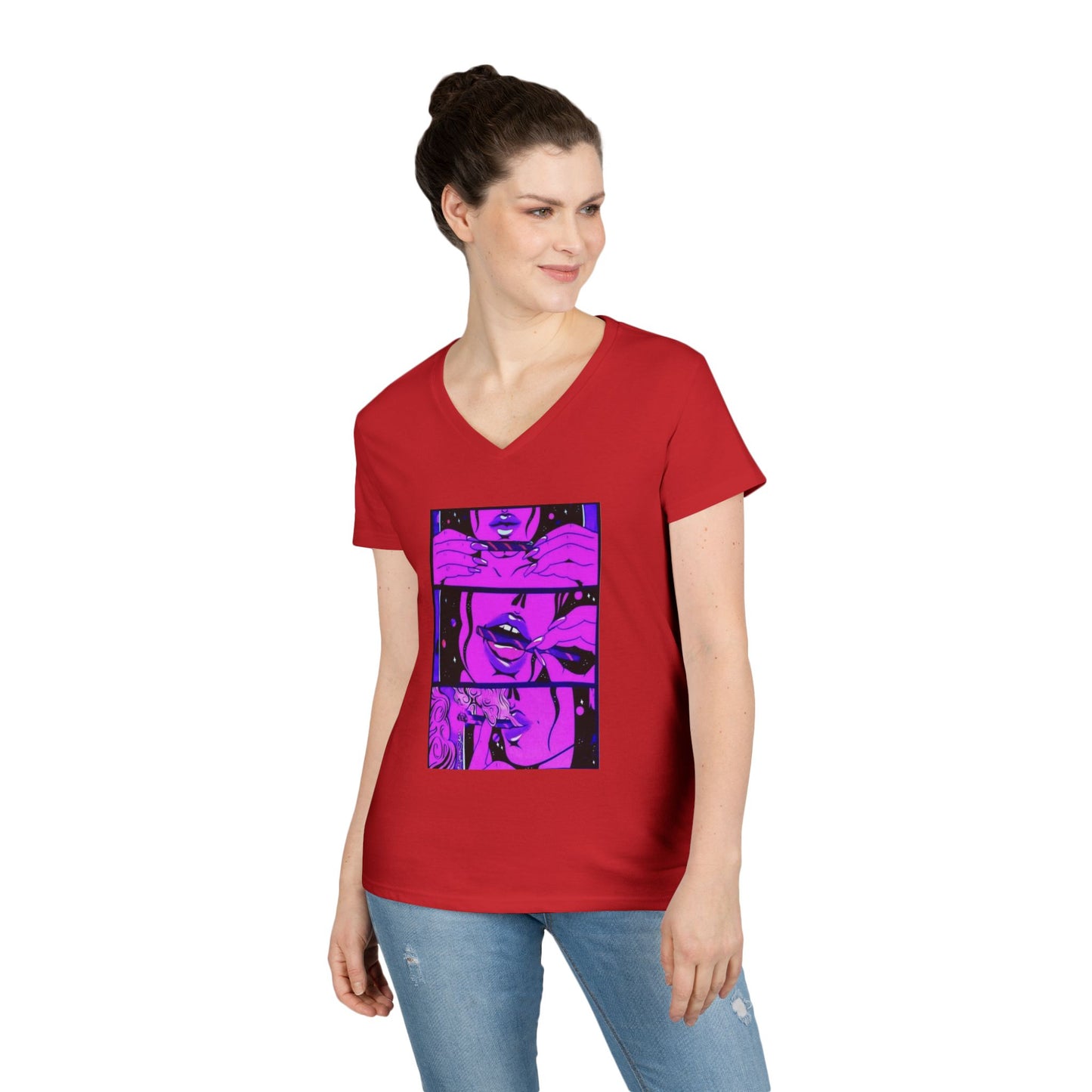 Vibrant Graphic Ladies' V-Neck T-Shirt - Trendy Art Design