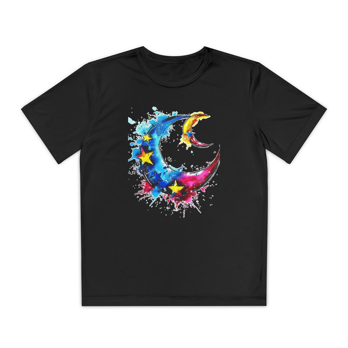 Youth Watercolor Moon Tee - Vibrant Starry Design, Perfect for Kids, Birthday Gift, Summer Wear, Festival Attire, Cosmic Theme