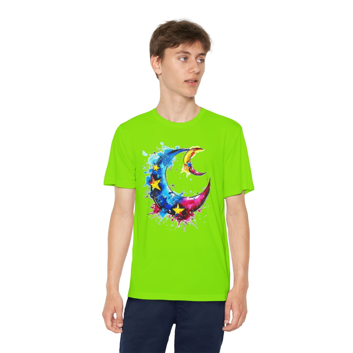 Youth Watercolor Moon Tee - Vibrant Starry Design, Perfect for Kids, Birthday Gift, Summer Wear, Festival Attire, Cosmic Theme