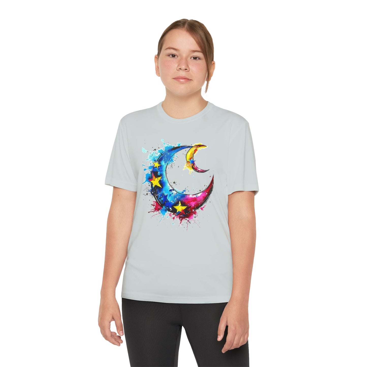 Youth Watercolor Moon Tee - Vibrant Starry Design, Perfect for Kids, Birthday Gift, Summer Wear, Festival Attire, Cosmic Theme