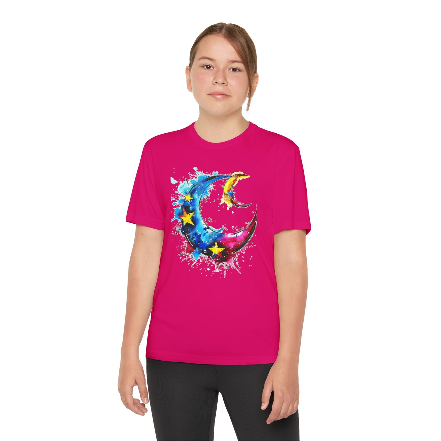 Youth Watercolor Moon Tee - Vibrant Starry Design, Perfect for Kids, Birthday Gift, Summer Wear, Festival Attire, Cosmic Theme