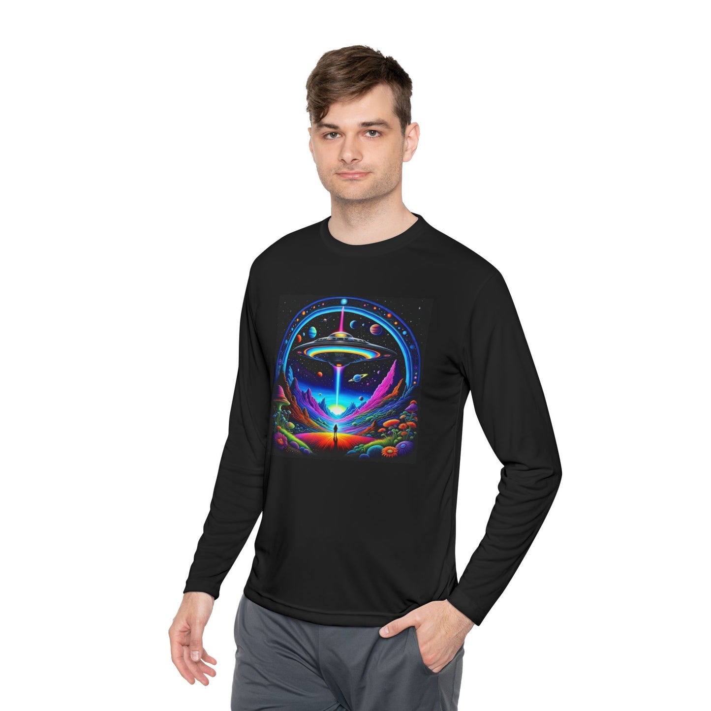 Cosmic Adventure Long Sleeve Tee | Unisex Lightweight Tee, UFO Graphic Shirt, Perfect for Festivals, Gifts, and Everyday Wear