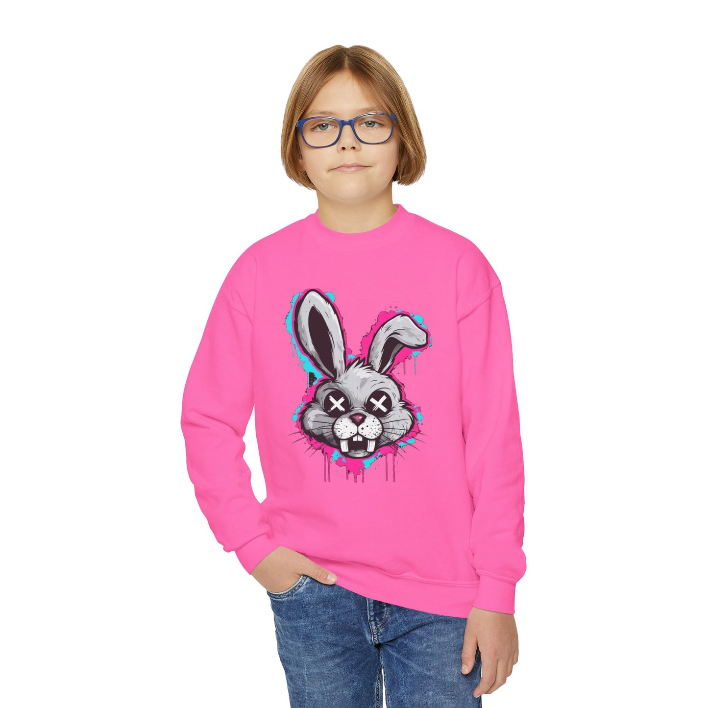 Cool Graffiti Bunny Youth Sweatshirt, Hipster Crewneck, Street Art Apparel, Gift for Kids, Fun Casual Wear, Comfy and Stylish