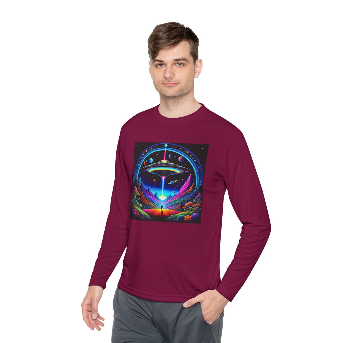 Cosmic Adventure Long Sleeve Tee | Unisex Lightweight Tee, UFO Graphic Shirt, Perfect for Festivals, Gifts, and Everyday Wear
