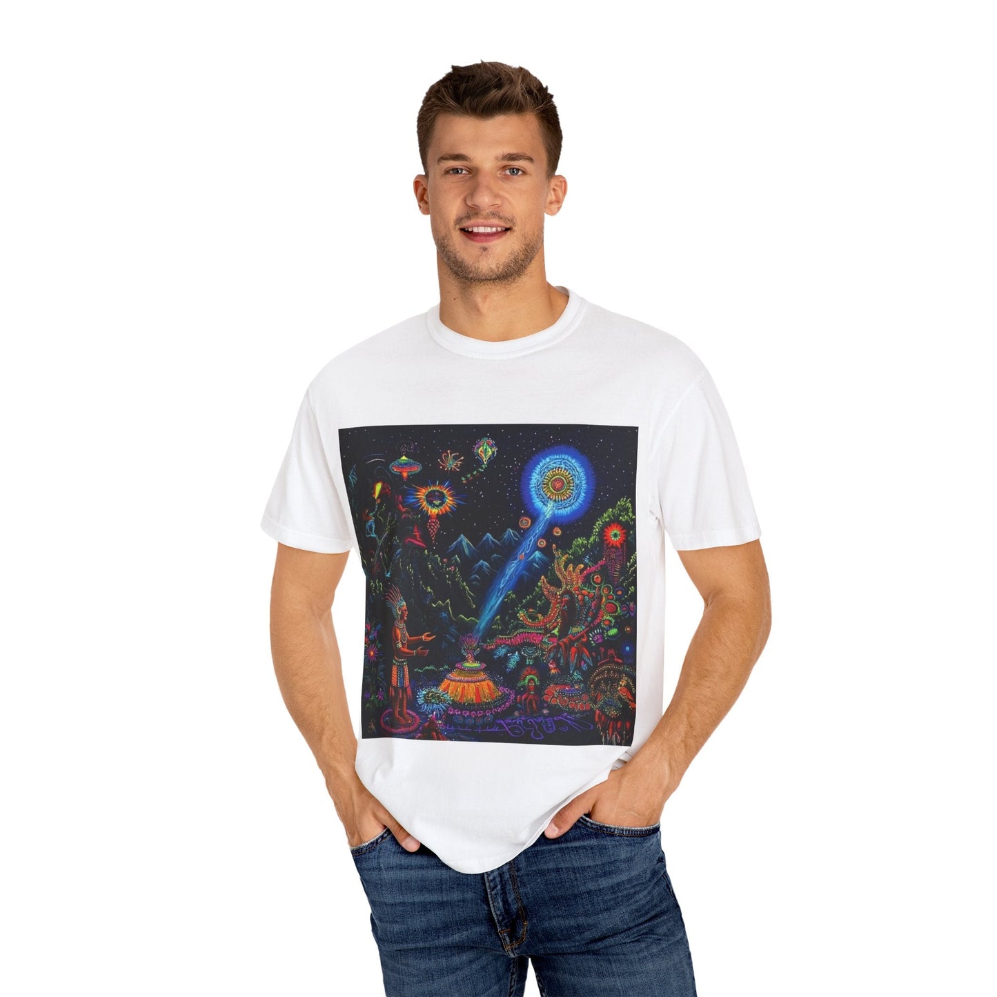 Mystical Universe Unisex Garment-Dyed T-Shirt | Cosmic Art Tee for Festival Lovers