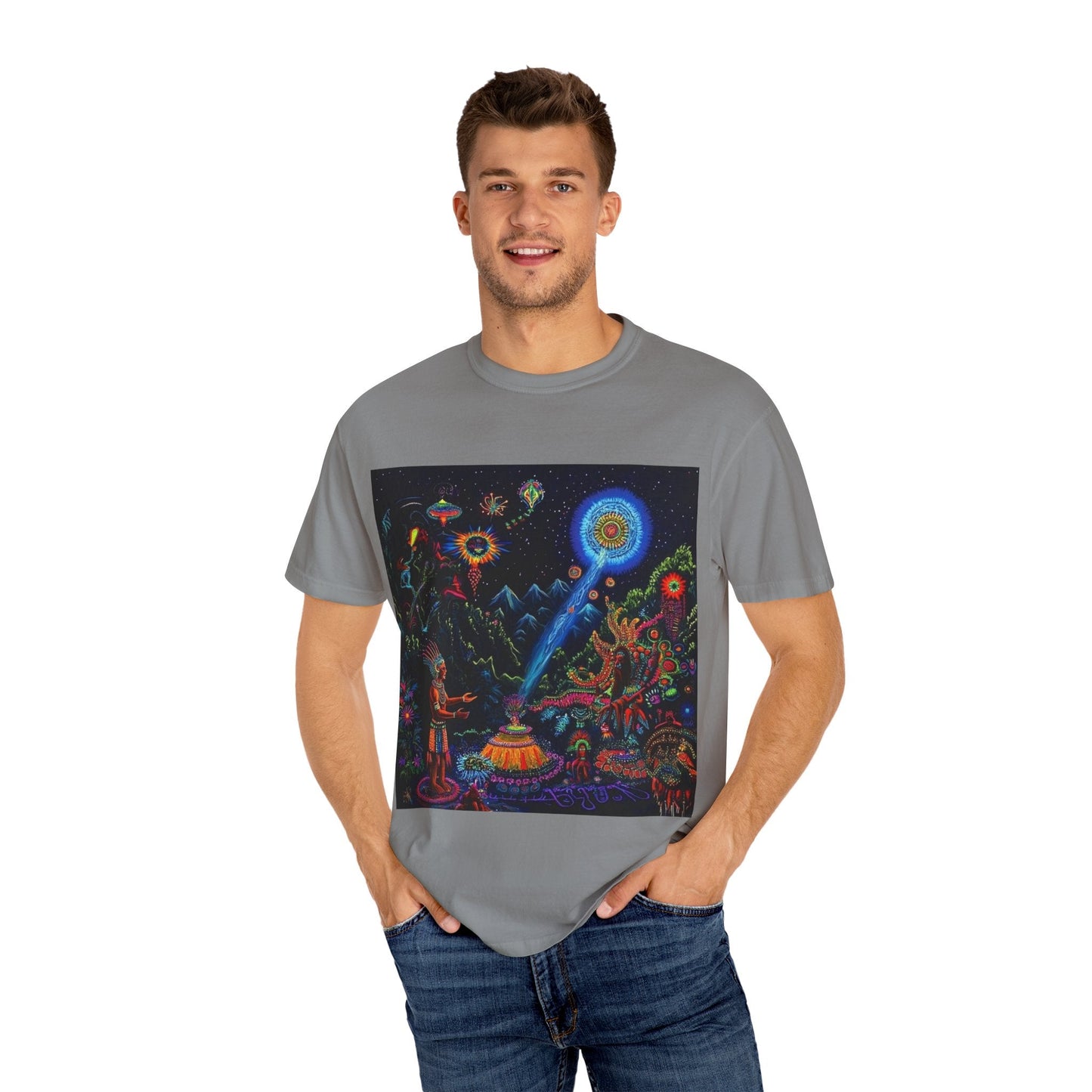 Mystical Universe Unisex Garment-Dyed T-Shirt | Cosmic Art Tee for Festival Lovers