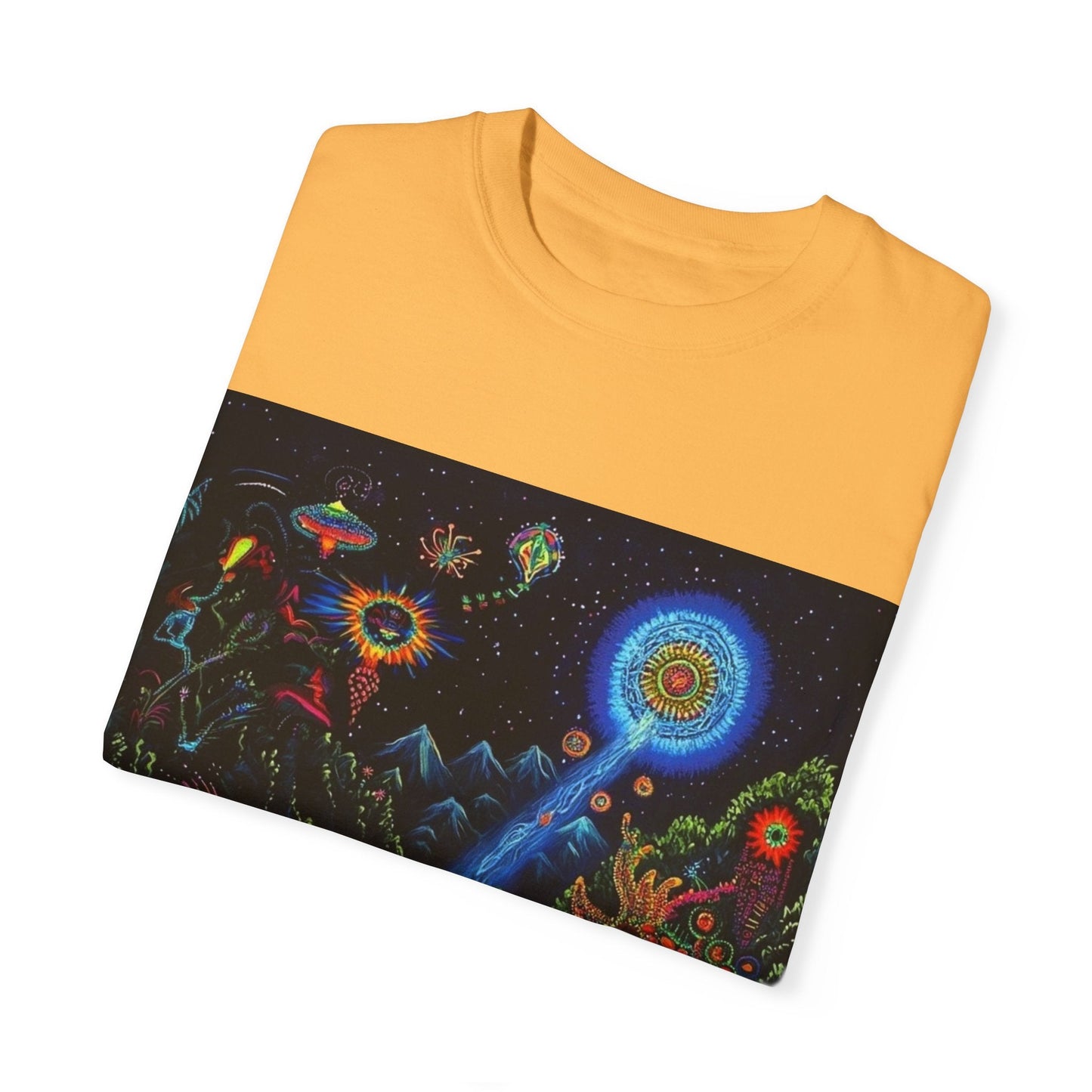 Mystical Universe Unisex Garment-Dyed T-Shirt | Cosmic Art Tee for Festival Lovers