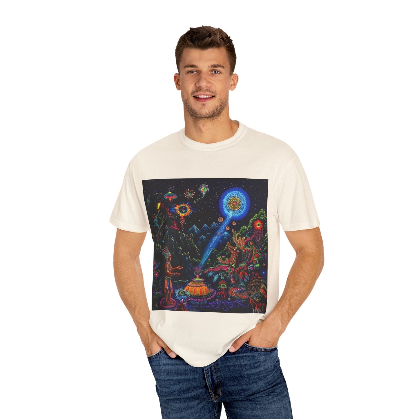 Mystical Universe Unisex Garment-Dyed T-Shirt | Cosmic Art Tee for Festival Lovers