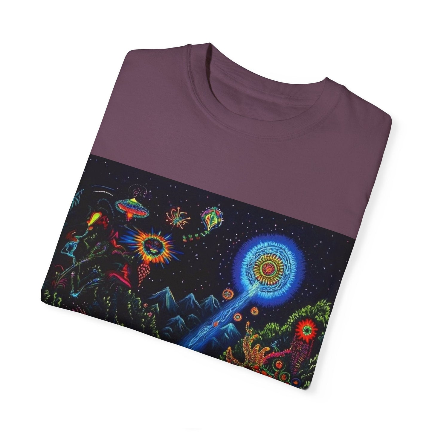 Mystical Universe Unisex Garment-Dyed T-Shirt | Cosmic Art Tee for Festival Lovers