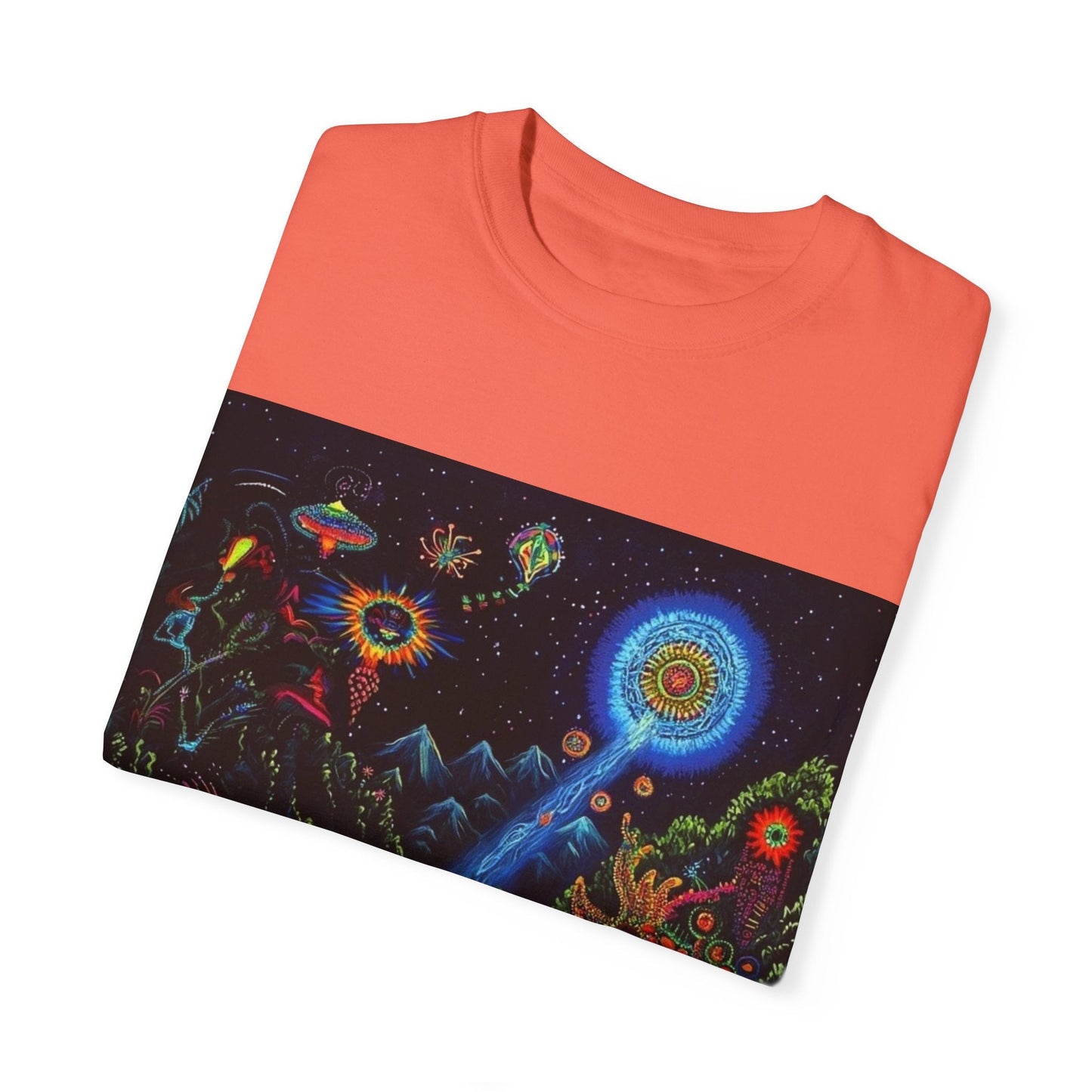 Mystical Universe Unisex Garment-Dyed T-Shirt | Cosmic Art Tee for Festival Lovers