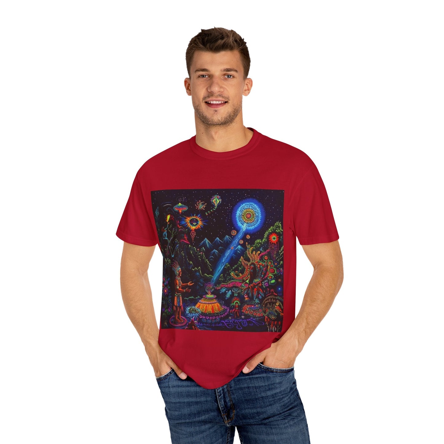Mystical Universe Unisex Garment-Dyed T-Shirt | Cosmic Art Tee for Festival Lovers