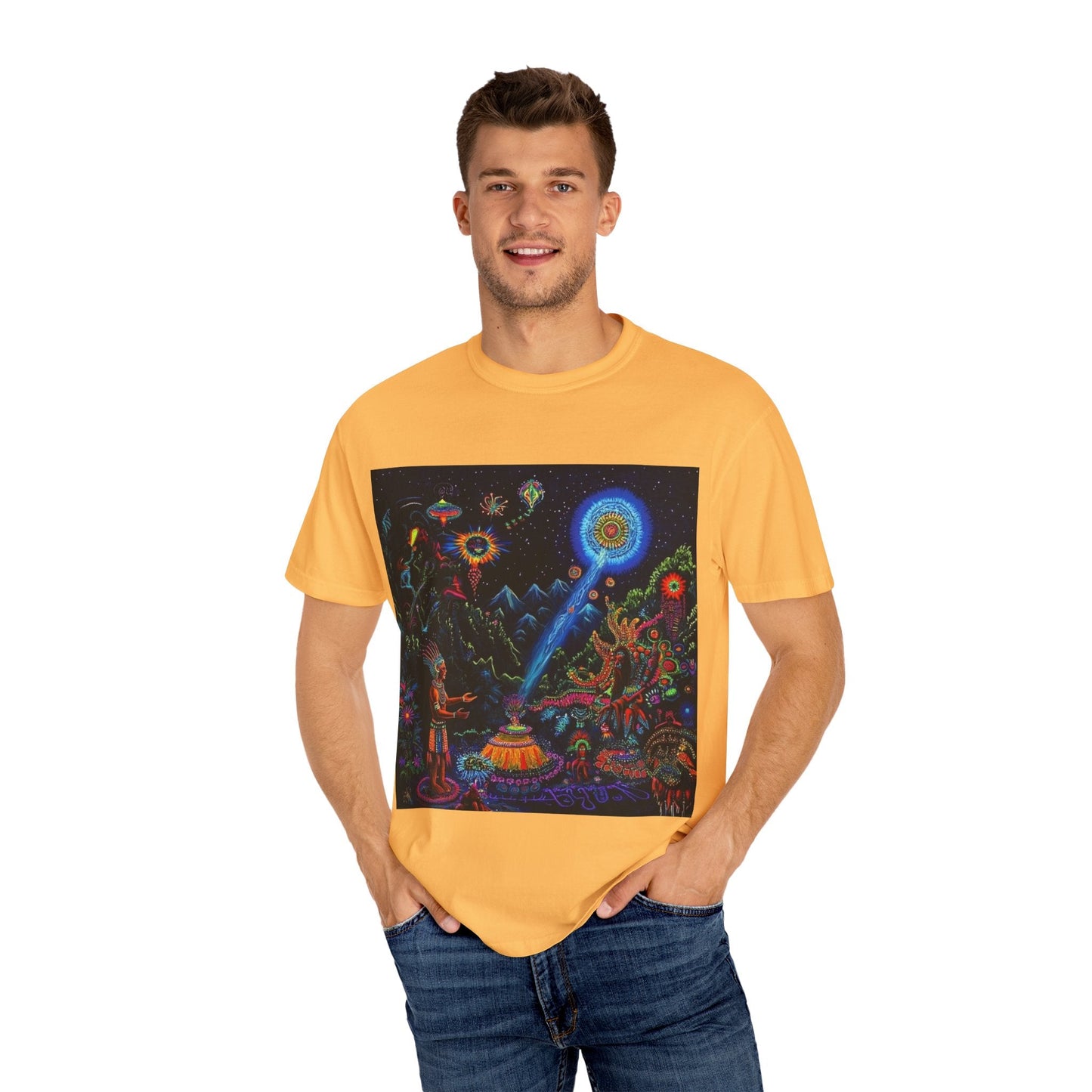 Mystical Universe Unisex Garment-Dyed T-Shirt | Cosmic Art Tee for Festival Lovers
