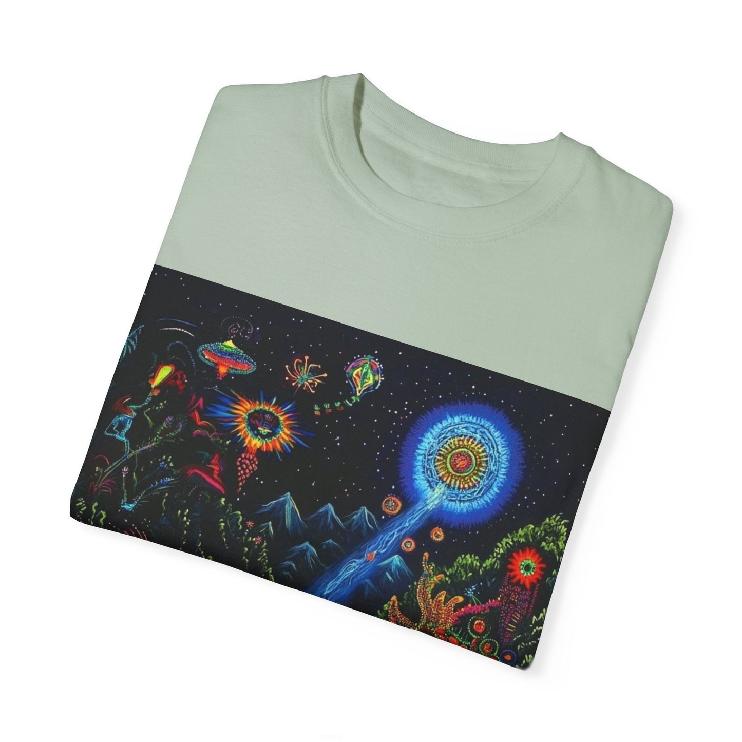 Mystical Universe Unisex Garment-Dyed T-Shirt | Cosmic Art Tee for Festival Lovers