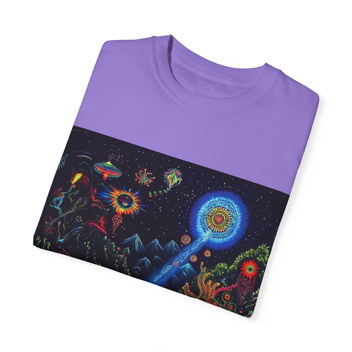 Mystical Universe Unisex Garment-Dyed T-Shirt | Cosmic Art Tee for Festival Lovers