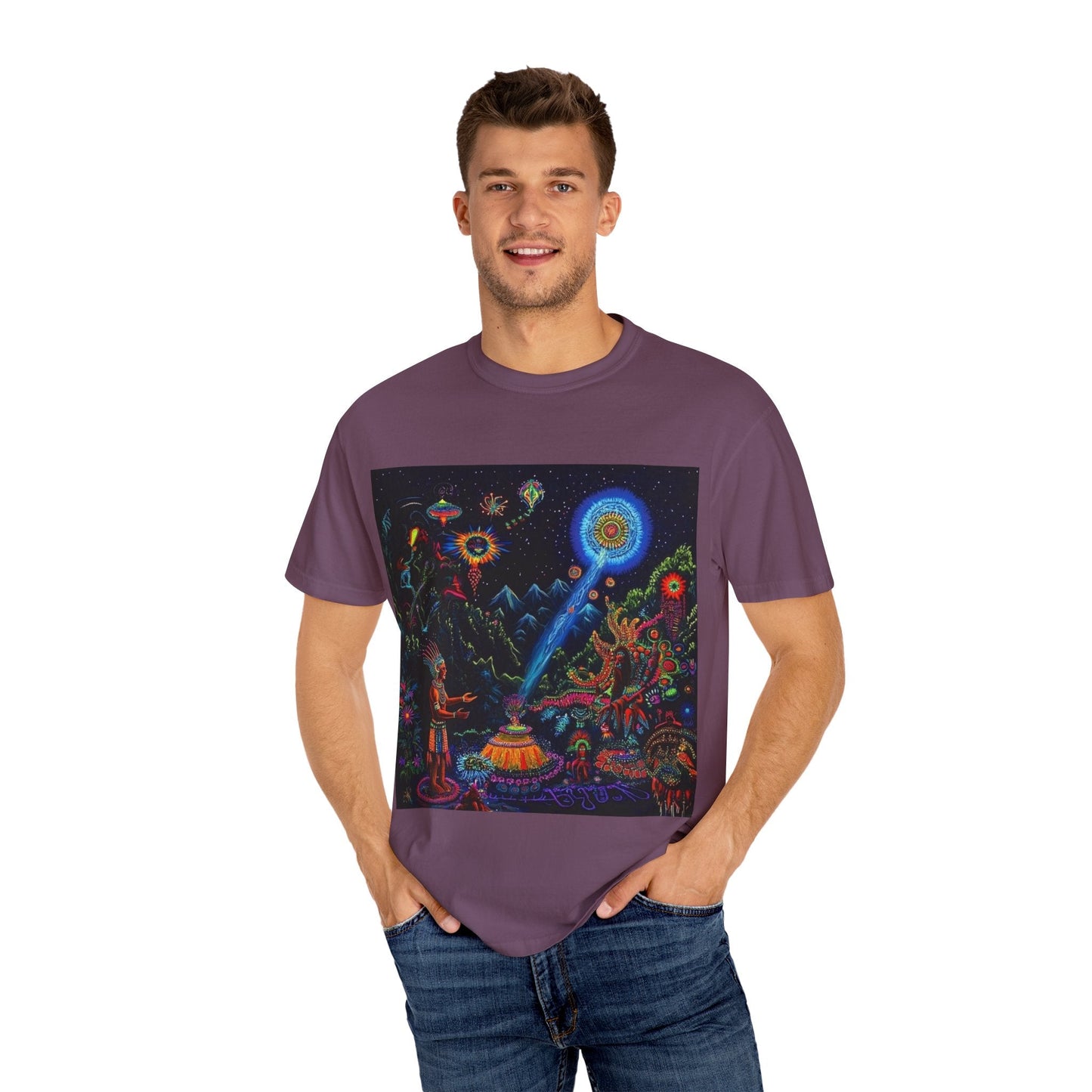 Mystical Universe Unisex Garment-Dyed T-Shirt | Cosmic Art Tee for Festival Lovers