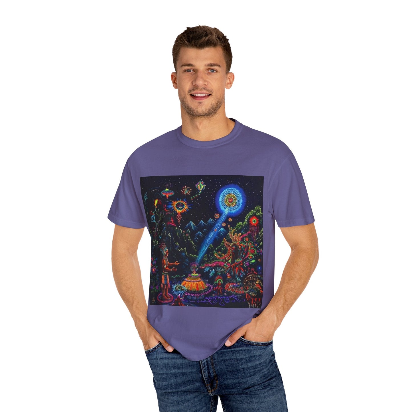 Mystical Universe Unisex Garment-Dyed T-Shirt | Cosmic Art Tee for Festival Lovers