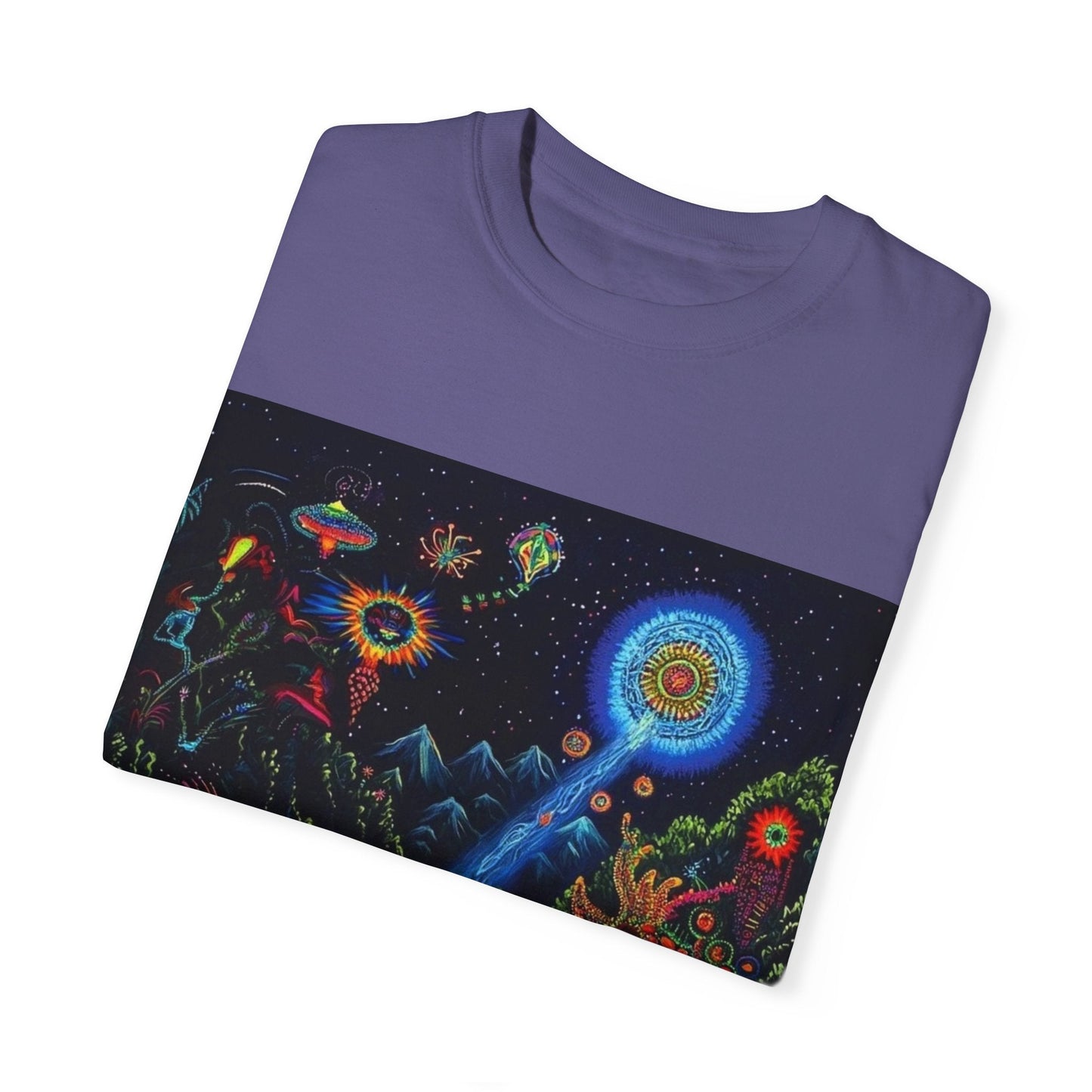 Mystical Universe Unisex Garment-Dyed T-Shirt | Cosmic Art Tee for Festival Lovers
