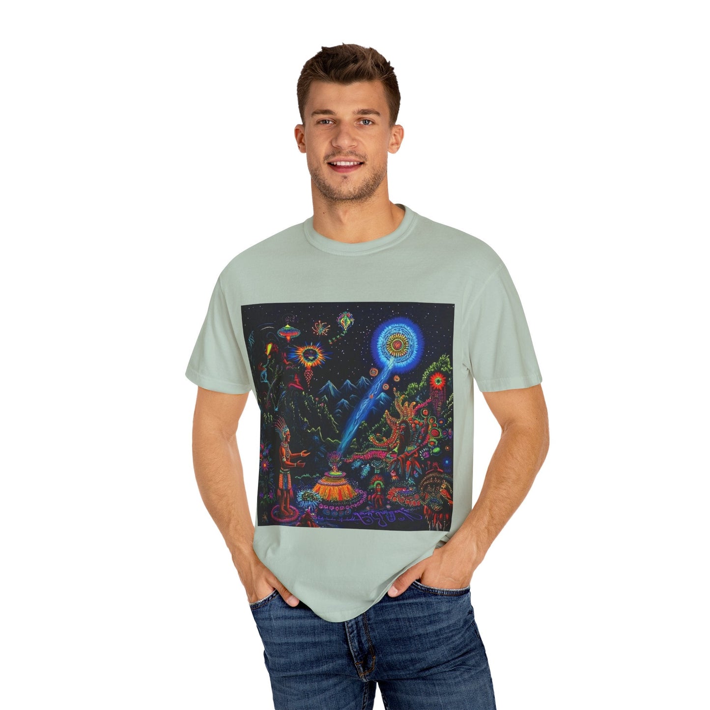 Mystical Universe Unisex Garment-Dyed T-Shirt | Cosmic Art Tee for Festival Lovers