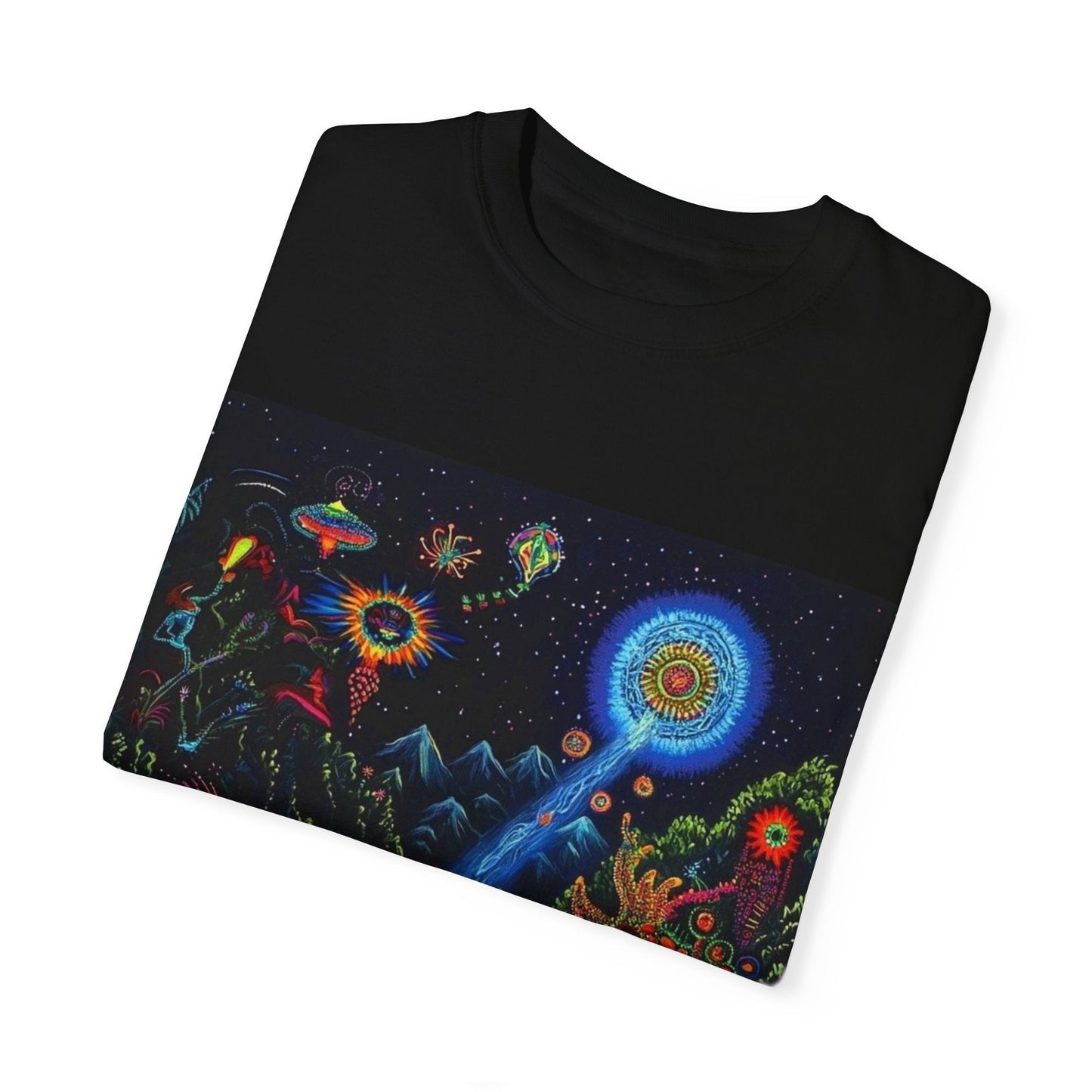 Mystical Universe Unisex Garment-Dyed T-Shirt | Cosmic Art Tee for Festival Lovers