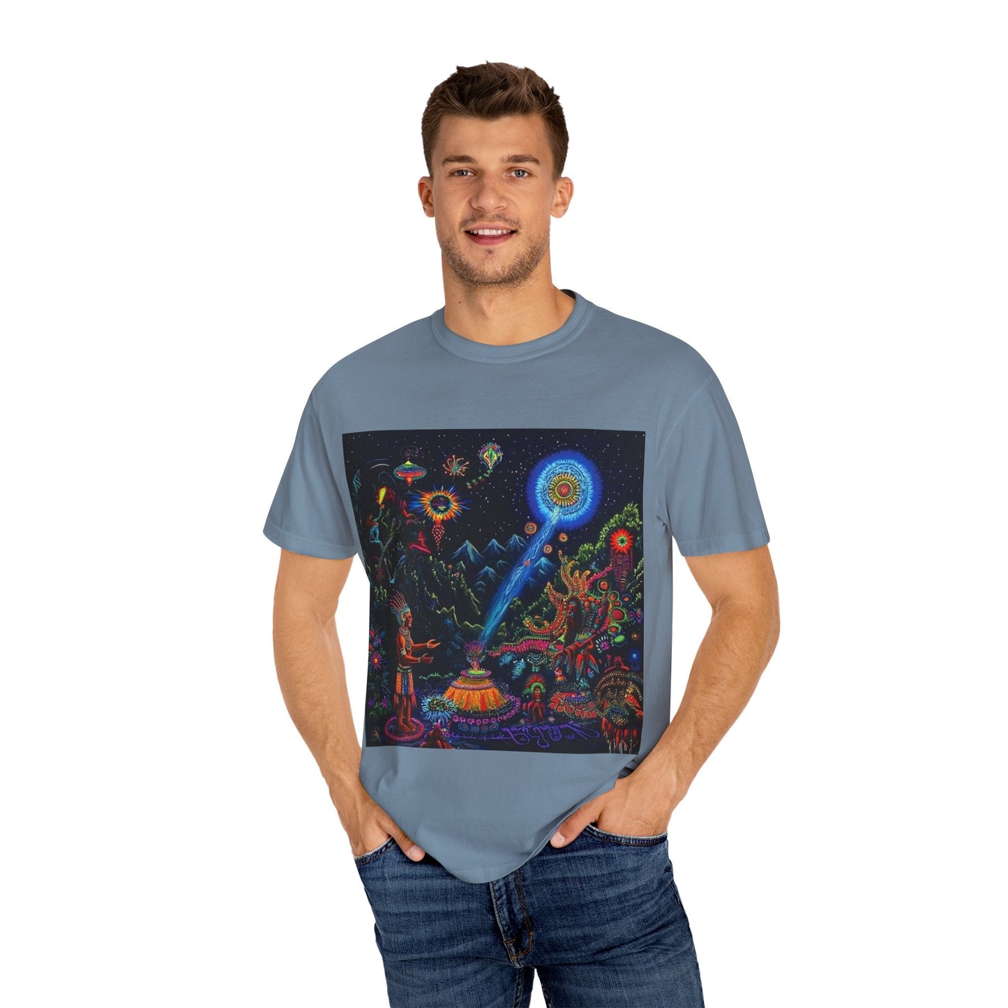 Mystical Universe Unisex Garment-Dyed T-Shirt | Cosmic Art Tee for Festival Lovers
