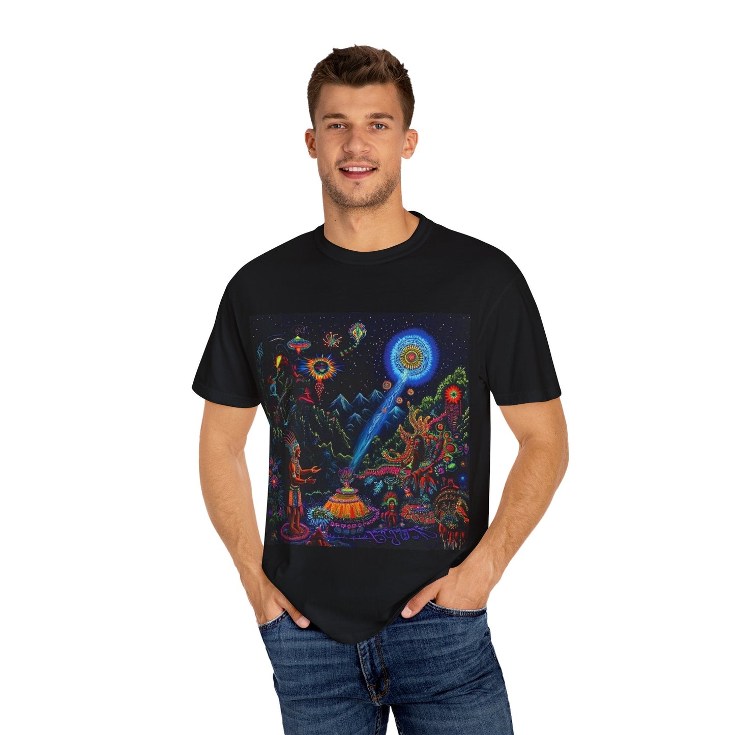 Mystical Universe Unisex Garment-Dyed T-Shirt | Cosmic Art Tee for Festival Lovers