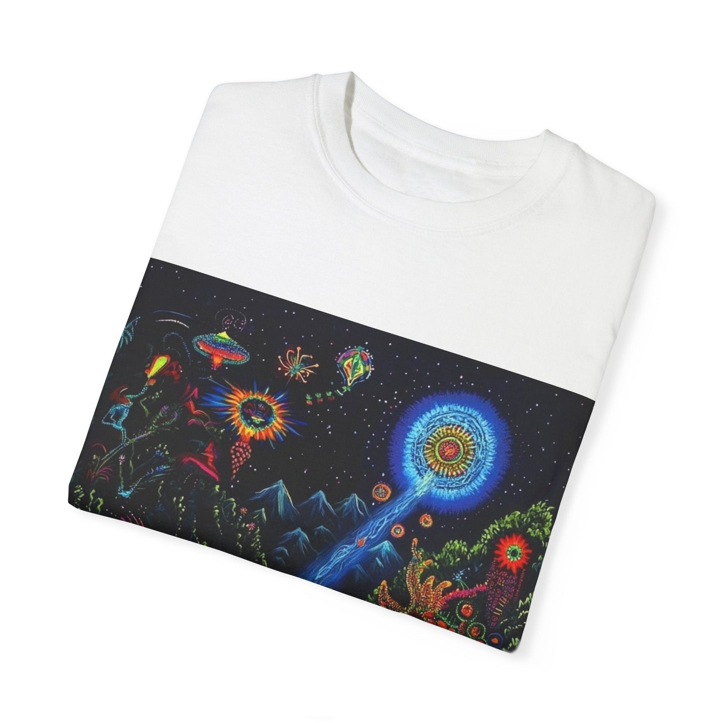Mystical Universe Unisex Garment-Dyed T-Shirt | Cosmic Art Tee for Festival Lovers