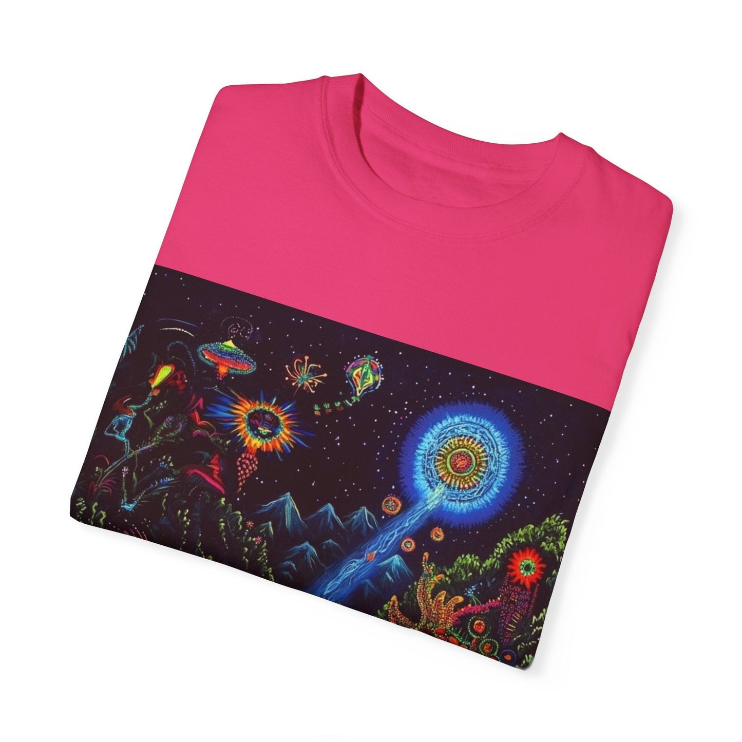 Mystical Universe Unisex Garment-Dyed T-Shirt | Cosmic Art Tee for Festival Lovers